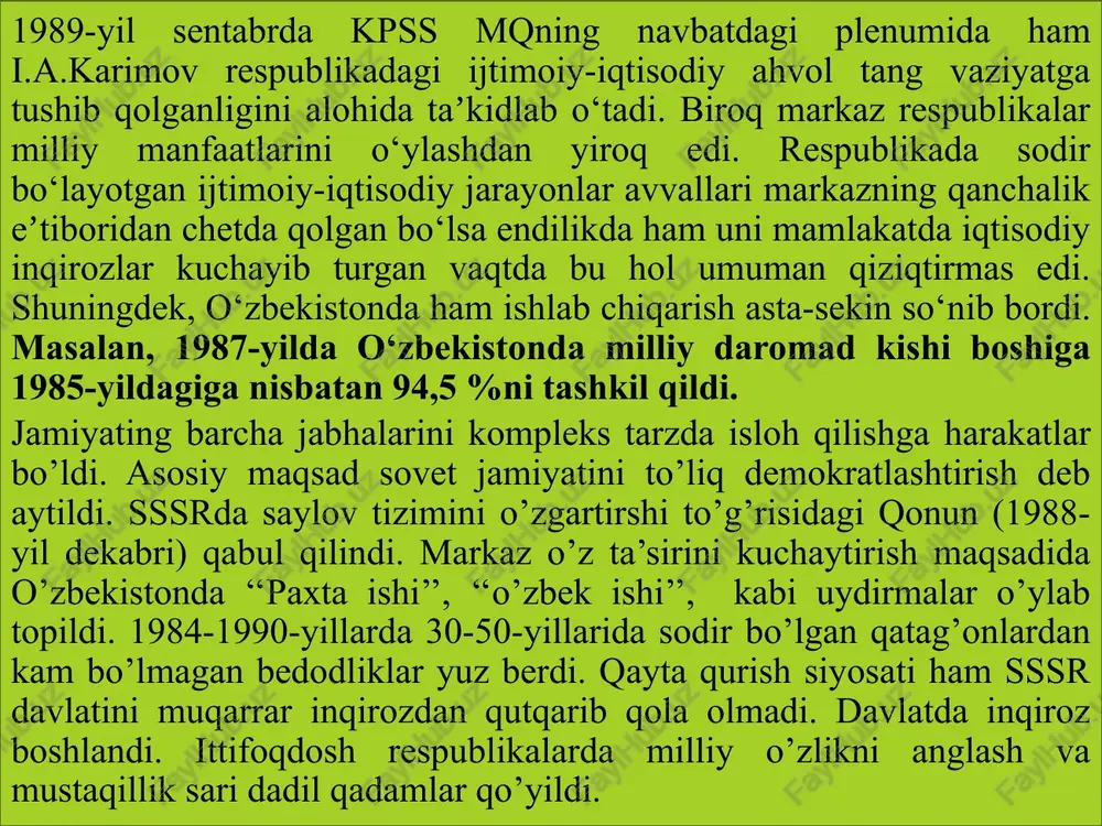 om abdug’anievich karimovni o’zbekistonning prezidenti etib saylash to’g’risida qaror qabul qildi. o’zbekistonda prezident lavozimining ta’sis etilishi respublikaning siyosiy va iqtisodiy mustaqilligi uchun kurash borasida qo’yilgan dadil kadamlaridan ikkinchisi edi. prezidentlik lavozimi joriy etilishi. o‘zbekistonning mustaqillika erishishida qo‘ilgan navbatdagi muhim qadam 1990-yil 20-iyunda o‘zbekiston respublikasi oliy sovetining ikkinchi sessiyasida qo’yildi. sessiyada o‘zbekistonning “mustaqillik deklaratsiyasi” qabul qilindi va uning kirish qismida qo’yidagicha yozib qo’yildi: “o’zbekiston sovet sotsialistik respublikasi oliy kengashi o’zbek xalqining davlat qurilishidagi tarixiy tajribasi va tarkib topgan boy an’analari, har bir millatning taqdirini o’zi belgilash huquqini ta’minlashdan iborat oliy maqsad haqi, o’zbekistonning kelajagi uchun tarixiy mas’uliyatni chuqur his etgan holda xalqaro huquq qoidalariga, umumbashariy qadriyatlarga va demokratiya prinsiplariga asoslanib, o’zbekiston sovet sotsialistik respublikasining davlat mustaqilligini e’lon qiladi”. sessiya qabul qilgan bu “mustaqillik deklaratsiyasi” xalqimiz tomonidan katta mamnuniyat bilan kutib olindi. mustaqillik deklaratsiyasi 2. siyosiy tizimdagi o‘zgarishlar. mustaqillikning eʼlon qilinishi. o‘zbekiston respublikasining tashkil etilishi. “o‘zbekiston respublikasi davlat mustaqilligining asoslari to‘g‘risida”gi qonun …