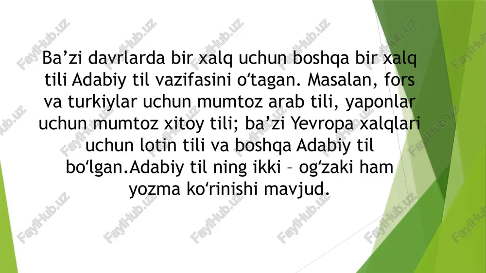 ham ichlatiladi qarluq lahjasi ° asosan markaziy shahar shevalari birligidan tashkil topgan bo'lib, adabiy tildan quyidagicha farqlanuvchi belgilarga ega: 1. fonettk jihatdan: a st ridagi k undoshi y tarzida talaffuz qilinadi: terak-teray, bilak-bilay b) adabiy tildagi a unlisi o tarzida talaffuz qilinadi: aka-oka 2. leksik jihatdan: qalampir-garmdori, narvon-shoti, hovli- eshil 3. morfologikyjihtdan: a) hi #zamon davom fe’li -yap o’rnida -vot,-ut qo’shimchalari qo'llaniladi b) qaratgqich kelishigi -ning o’rnida tushum kelishigi -ni ishlatiladi. qipchoq lahjasi © o’zbekistonning surxondaryo, sirdaryo, jizzax, samargand viloyatlarining gishloqlari shevalari birligidan iborat bo’lib, adabiy tildan quyidagicha farqlanadi: red 0 a)ba’zi shevalarda y o’rnida j ishlatiladi: yo’l-jo’l b) so’z oxiridagi g’ undoshi v bilan almashtiriladi: tog’-tov ° pa irida q, k undoshlari tushib qoladi: _kichik- cl t 2. leksi. atdan: © “mushuk- pishak, do’ppi-qalpoq 3. morfologik jihatdan: a) hozirgi zamon davom fe’li -yap o’rnida -jatir/-votir qo’shimchalari ishlatiladi. o’g’uzlahjasi © janubiy xorazm shevalari birligidan tashkil topgan bo’lib, adabiy tildan quyidagicha …