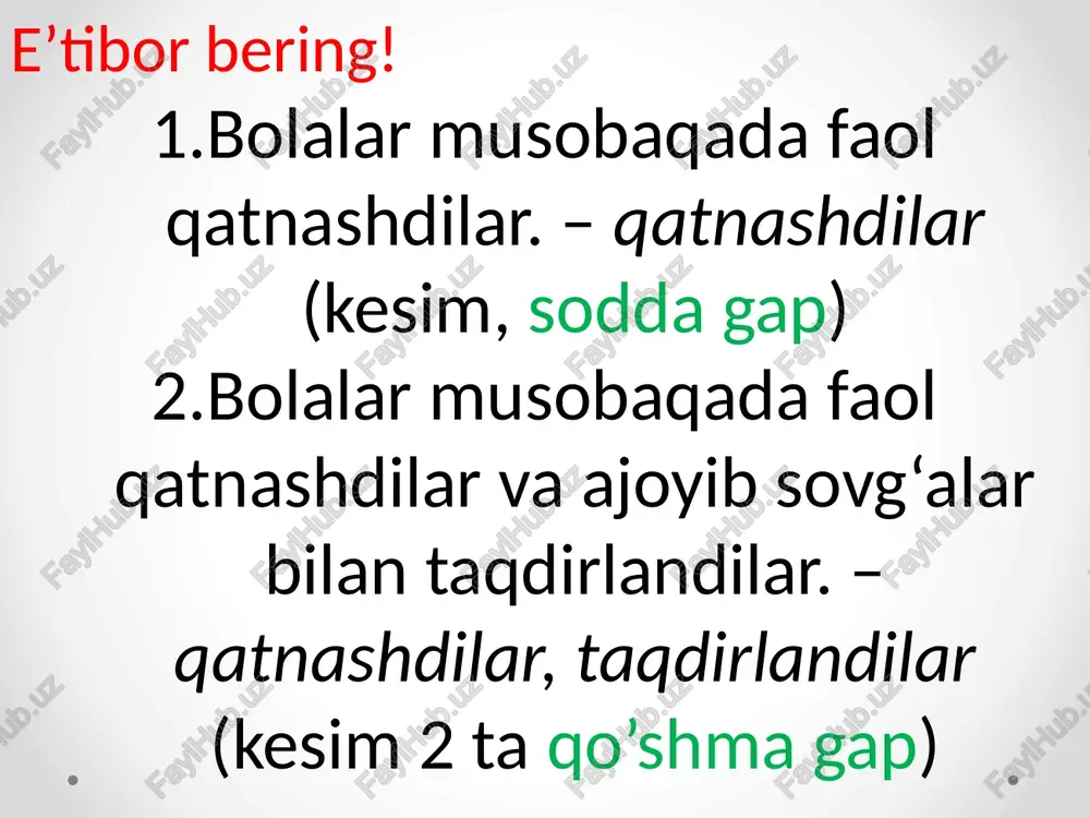 himchalari qo‘shilganda bir y tovushi qo‘shib aytiladi va shunday yoziladi: parvoyim; parvoyimiz, parvoyingiz; obro‘yim, obro‘ying; obro‘yimiz, obro‘yingiz kabi; iii shaxs egalik qo‘shimchasi parvo, avzo, obro‘, mavqe so‘zlariga -yi shaklida, xudo, mavzu so‘zlariga esa -si shaklida qo‘shiladi: avzoyi, mavzusi kabi (dohiy kabi y undoshi bilan tugagan so‘zga ham iii shaxsda -si qo‘shiladi: dohiysi kabi); 4) men, sen olmoshlariga -ni, -ning, -niki qo‘shimchalari qo’shilganda asosdagi n tovushi aytilmaydi va yozilmaydi: meni, mening, meniki; seni, sening, seniki kabi. 36. quyidagi qo‘shimchalarning birinchi tovushi ikki xil aytilsa ham, bir xil yoziladi: 1) -bon, -boz qo‘shimchalari ba’zan -von, -voz aytilsa ham, hamma vaqt -bon, -boz yoziladi darvozabon, masxaraboz kabi. lekin -vachcha qo‘shimchasi hamma vaqt shunday aytiladi va yoziladi: amakivachcha, xolavachcha kabi; 2)o‘rin kelishigi va chiqish kelishigi qo‘shimchasining o‘tgan zamon yasovchisi va iii shaxs ko‘rsatkichi -di qo‘shimchasining boshidagi undosh ba’zan t aytilsa ham, hamma vaqt d yoziladi; ishda, ketdi kabi. 37. quyidagi qo‘shimchalarning bosh tovushi ikki …