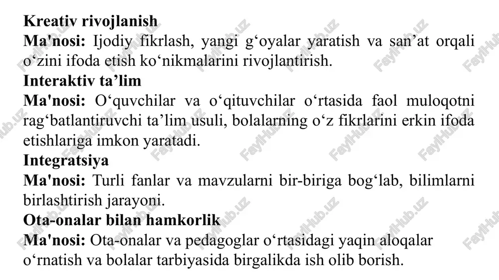 ochiqlik va o‘rganishga intilish. kompetensiya – bolaning bilim, ko‘nikma, malaka va qadriyatlari majmuidir. kompetentli bola o‘z bilim, ko‘nikma va malakalarini muayyan vaziyatda safarbar qilishi va qo‘llashi, o‘z maqsadiga erishishi va rivojlanishning har bir bosqichida yoshiga mos keladigan vazifalarni hal qilishi mumkin. maktabgacha yoshdagi bolalarga ta’lim berishda kompetensiyaviy yondashuv bolalarning bilish bilan bog‘liq bo‘lgan ehtiyojlari, muammolar va imkoniyatlarga samarali javob berish qobiliyatini shakllantirish, axloqiy me'yorlar va qadriyatlarni rivojlantirish, boshqa insonlar bilan muloqot qilish, shaxsiy ("men" konsepsiyasi) ni shakllantirishni o‘z ichiga oladi. bolaning kompetensiyalari bola rivojining quyidagi sohalarida belgilanadi: ● jismoniy rivojlanish va sog‘lom turmush tarzining shakllanishi; ● ijtimoiy-hissiy rivojlanish; ● nutq, muloqot, o‘qish va yozish malakalari; ● bilish jarayonining rivojlanishi; ● ijodiy rivojlanish bolani rivojlantirishga kompetentlik yondashuv. “kompetensiya” tushunchasi malaka, ko‘nikma, bilim, qobiliyat va munosabatlar uyg‘unligini anglatadi. “ilk qadam” davlat dasturida bolaning asosiy kompetensiya lari belgilab berilgan. kompetensiya – bola bilimi, malaka, ko‘nikma va qadriyatli ko‘rsatmalari yig‘indisi. boshlang‘ich kompetensiyalar rivojlanish sohasidan …