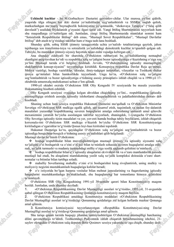 b borayotgan tari​xiy voqelikdir. mustaqillik - tabiatan ongli yashash, ongli munosabatni qa​ror toptirish mezoni. ayni paytda u harakatlarning, intilishlar va qobiliyatlarning kuchayishini, doimiy kamolotni taqozo etadigan maʻnaviy-ruhiy, maʻrifiy-axloqiy hodisa. bu, ayniqsa, sobiq ittifoq tarkibidan ajralib chiqqan, mustamlakachilik azobini koʻrgan mus​taqil mamlakatlar, xususan oʻzbekiston hayotida muhim ahamiyat kasb etadi. nima uchun? totalitar tuzum davrida davlat mamlakat boshqaruv tizimidan tortib alohida-alohida shaxslarning kundalik turmushiga va istiqbo-liga daxldor boʻlgan har qanday katta-kichik masalalarni hal etishni oʻz zimmasiga olgani uchun mehnatkash xalq moddiy va fikriy boqimandalik kayfiyatiga duchor boʻlgan edi. u faqat ishlash huquqiga ega edi, xolos. mehnat deb atalgan hissiz mashinaning murvatiga aylanib qolgan edi. ertadan kechgacha mehnat qilasan, mehnating-ga yarasha ochdan oʻlmaslikka u etadigan haqqingni olasan, tamom-vassalom. bu - sobiq ittifoqda qonun kuchiga ega boʻlgan davlat siyosati edi. odamzod shunchaki ishlar, shunchaki umr kechirardi, xolos. tiriklik degan buyuk neʻmatning, hayot degan oliy tushun-chaning magʻzini chaqishga oʻzida ragʻbat ham, ehtiyoj ham sezmas edi. …