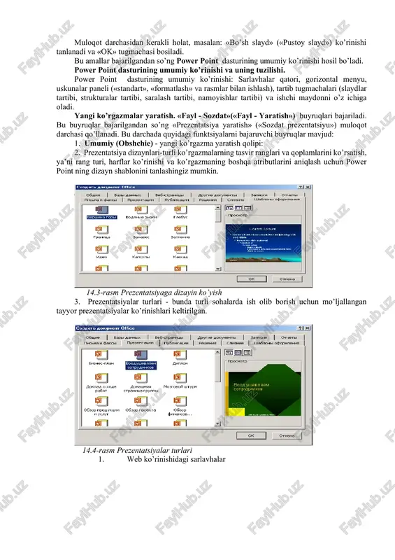 b bering. power point dasturi microsoft office firmasining windows qobig’i yordamida yaratilgan bo’lib, dastur prezentatsiyalar bilan ishlash (tanishtirish, taqdimotlar qilish) uchun eng qulay dasturiy vositalardan biridir. bu dastur orqali xilma-xil turdagi ko’rgazmali qurollarni yaratish mumkin va ayrim joylarda esa uni ma’lumotlar bazasi sifatida ham qo’llash mumkin. ayrim xollarda esa bu dasturda multimedia vositalarni boshqarish va ularni qo’llab, namoyish etuvchi qurilmalarga yuborish vazifalarini ham bajarish mumkin. bu erda asosiy tushunchalar: slayd va prezentatsiyalar hisoblanadi. slayd – ma’lum bir o’lchamga ega bo’lgan muloqat varaqalari hisoblanadi. ularda yaratilayotgan namoyish elementlari joylanadi. prezentatsiya – yaratilayotgan slaydlar turkumi va uni namoyish etish uchun beriladigan fayl nomi. masalan: prezentatsiya1-powerpoint dasturi ochilganda, sarlavhalar qatori paydo bo’lib, unda yaratilayotgan yoki yaratilgan prezentatsiyaning ayni vaqtdagi nomi hosil bo’ladi. bu nomni keyinchalik o’z hohishingizga ko’ra almashtirishingiz mumkin. power point dasturini ishga tushirish bu dasturni ishga tushirishni windows ish stolidan boshlash zarur. ish stolidagi quyidagi buyruqlarni bajarish orqali dastur ishga tushiriladi. …