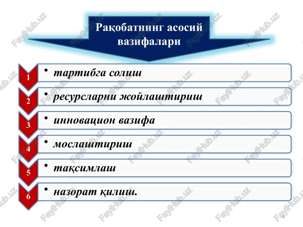 nomukammal raqobat monopol raqobat (differentsiatsiya-lashgan sotuvchilarning ko'pligi) ishlab chiqaruvchilar sonining ko'pligi, mahsulotlarning bir-biridan farqlanishi chakana savdo va turli xil xizmatlar, orgtexnika nisbatan past darajada reklama, tovar sifati bo'yicha raqobat va narx siyosati 19 bozorlarning asosiy turlari oligopoliya ishlab chiqaruvchilar sonining kamligi, mahsulotlarning bir-biridan kam farqlanishi yoki bir xilligi po'lat sanoati, kimyo sanoati nisbatan past darajada reklama, tovar sifati bo'yicha raqobat va narx siyosati ishlab chiqaruvchilar sonining kamligi, mahsulotlarni bir-biridan farqlanishi avtomobilsozlik, to'qimachilik sanoati nisbatan past darajada reklama, tovar sifati bo'yicha raqobat va narx siyosati sof monopoliya yagona ishlab chiqaruvchi, o'rin bosuvi tovarlarning yo'qligi kommunal xizmatlar (tabiiy monopoliya), patentlangan dori vositalari, microsoft windows bozor bahosini mustaqil o'rnatadi, ammo davlat ushbu jarayonni nazoratqiladi reklama va qo'shimcha xizmatlarni taqdim etish 20 turi ishlab chiqaruvchilar soni va mahsulotlarning differentsiatsiya darajasi bozor turi ko'zatilayotgan iqtisodiyot tarmoqlari bozor bahosi ustidan nazorat qo'llaniluvchi marketing usullari nomukammal raqobat monopoliyalarning asosiy turlari 21 bozorni qamrab olish darajasiga ko'ra: sof …