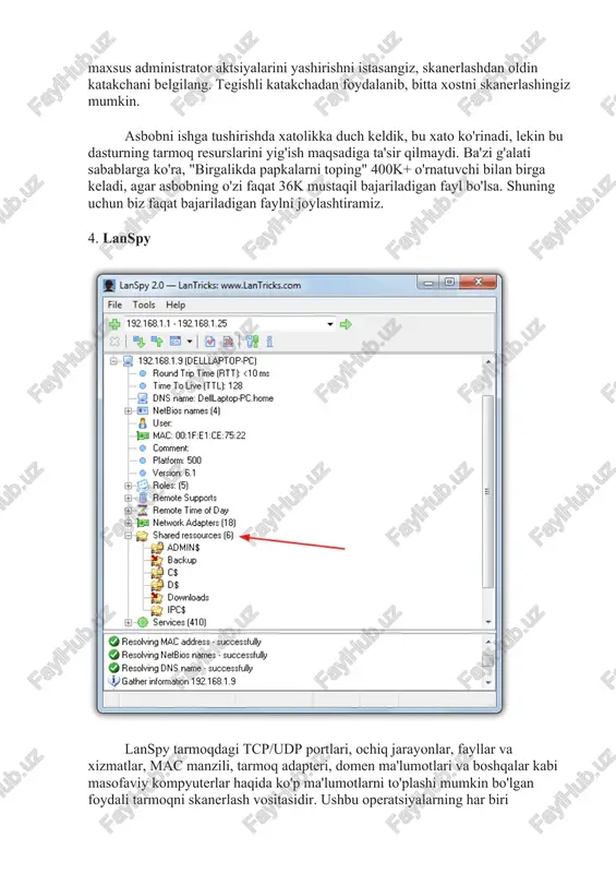 manzillari. bundan tashqari, oynada ishchi guruh/domen, sharhlar, mahalliy yo'l, faol ulanishlar va masofaviy operatsiyalar kabi boshqa foydali ma'lumotlar ham ko'rsatiladi. txt, xml, html yoki csv hisobot fayli saqlanishi mumkin. image1.png image2.png image3.png image4.png image5.png & softperfect network scanner , 2 | file view actions options bookmarks help ooe|bhaag|o7|xho bike leale > start scanning ~ bp address ib 192,168.11 se 192.168.1.2 (bi prints (@) downloads gk @r ib 192,168.13 be 192,168.15 (@) downloads (@) badup ib 192,168.14 by 192.168.1190 iy 192,168.17 wba 192.168.1250 host name mmyrouterhome response time ams. ms. 128 ms ooms: ooms ms. ready sean eb advanced ip scanner file actions settings view help ps |e pe oo & ba vee 19216611 -192166..258 . ‘eats ea name i manufacturer mac address mjouerhome 18216811 sagem communication 02501242953 ed ts216812 asrock ncepeaion 002520788878 bs downloads bl mk @ 19246817 1921681.7 samsung electro mechanics 78:d6:fo3p:84:6f @ 19216818 19216818 apple, inc. 48:60:bc:66:83:... 4 …