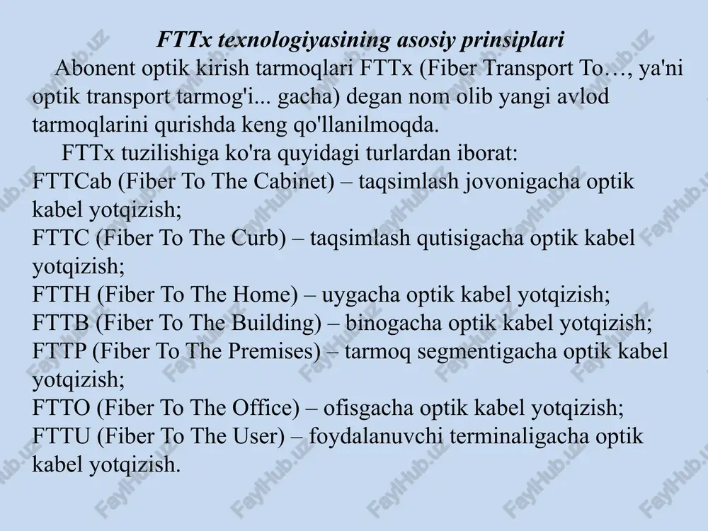 an tejamli va keng polosali turli axborotlarni o'tkazish qobiliyatiga ega. gibrid mis-optik arxitekturali tarmoqlarda keng polosali ulanuvchi texnologiyalarni qo'llash e’tiboringiz uchun rahmat!!! image1.png image2.png image3.jpeg image4.png image5.png image6.png aqonehtra origananyeun ynanne maxannii suhocngarit tapmorm tapuok, tapuok, cec oe oe xankapo rapuok, maxaranit bom kommytawua tyryhu t1-ds-3 tdm oc-3/0c-12 edfa lsyuaitrupria onthk maxaianii tb bheo woayaatop tb cnythuk 1490/1550 hm —> 1310 hm tapmontarn 32 koakcnaa kadeab agoneht khcmh oganii terehon hhh 10/100-base-t ethernet adouent coriyanana onayquran tapmok aoxkpatusirau jimhua coo : ontnk doiqananni muc cumiu doiitanannul (a) ont |” ftth fttb fitc fttcab agonent tyryhnapn mapxasni tyryh py tapmoknarny "tlacemb onthk tapmmoknarnunapn acocugarn aapaxtcumoh" tononormacn mapxasuit tyryn asonent tyryan ont sni tyepm oxun 1 1550 1 tecxapit oxun wow tapuoxnaris wou 1310/1850 4 1310,1550 hm 1910/1560 unrep¢beiinapn som tyryih /docprops/thumbnail.jpeg tarmoglarida optik aloga. reja 1. kong polosal opi irish amoglr,soneat ire opie armoglainng cuzin pis va sites 2 passv opti …