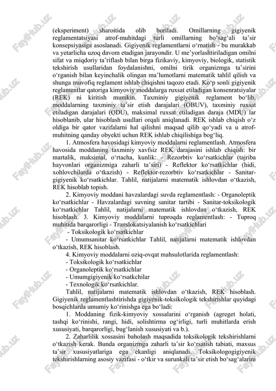 enik me’yorlari bir odam uchun 2,5 l/ kunni tashkil etsa, o‘zr ning issiq iqlim sharoitida yoz kunlari bu me’yor 4-5 l/ kungacha ko‘tarilib ketadi. 12. me’yorlashtirishga ekologo-gigiyenik yondoshish. hozirgi vaqtda atrof-muhitning ekologik sharoitini yomonlashishi bilan bog‘liq holda shunday savol qo‘yilayaptiki, gigiyenik normativlar shu omilning inson organizmiga faqat negativ ta’sirini oldini olishga qaratilmay, balki insonning yashash muhitini tanazzulga uchrashini oldini olishga qaratilishi lozimligini talab qiladi. 13. gigiyenik normativlarning nisbiyligi. ishlab chiqilayotgan hamma gigiyenik normativlar bir umrga emas, balki vaqti-vaqti bilan qayta ko‘rib chiqilishi lozimligini talab qiladi. chunki u yoki bu omilning organizmga ta’siri haqidagi yangi ma’lumotlar olinmoqda, tekshirish usullari takomillashayapti, ijtimoiy-iqtisodiy sharoitlar o‘zgarayapti – bularning hammasi gigiyenik normativlarda o‘z aksini topmasdan iloj yo‘q. shunga bog‘liq holda gigiyenik me’yorlashning lozimligi, gigiyenik me’yorlar, qoidalar va reglamentlarni yangidan aniqlash va takomillashtirishni doimo amalga oshirishni talab etadi. gigiyenik me’yor va reglamentlarni o‘rnatish tartibi muayyan misollarda ko‘rib chiqilishi kerak. yashash xonalarining mikroiqlimi yoki uning yoritilishiga doir …