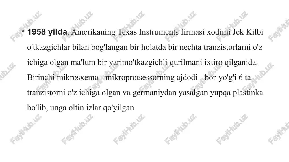 eratlar ( 35881 ) kurs ishlari { 225 barchasi mikrotrosessor (mr)-mashinaning hamma bloklati,ishini boshgarish va ma'lo'matlar ustida arifmetik va logik amallarni bajarish uchun arnalgan. q) eng 11 iipoueccop y4yh cor | ddr2 j ddr3 kanasuatypa rr lumonnit kynpuk chukohya bios dnexktp tabmhhoth 6nokkura ilapannen serial ata ata kanygunii kyndhk usb nopr osbo3 pa3sbemmu kynep y4yuh 97ektp y lan nopr tabmhhoth buneoxapta y4yh pci express kopnyc onanuaarnu usb ba obo3 pa3sbemsaph kopnycaaru hhahnkatopsap tewepanop swarya cob | id 5 omepanos aes rs sxrprqmatopa onan vb ameca thora yopannenoix (2) oir bayspennaa. bowe xwonc: (hm) erexonict ysex pesncapon m bove ampece (a) ctpyktyphaa cxema mukponpoueccopa wena) ens © mikroprotsessor-googlec x {3% zamonaviy mikroprotsessorlar= x _{(&* mikroprosessorar hagida as0s cat arivuz dars ishlanmalar @ diplom ishiar 1997 yil ning yanvi nida multimedia texnologiyasida ‘slaydlar (maktab ishlash uchun modernizaciya qilingan va mos ravishda pentium darsiicari boyichay = mmx (mmx — multi media extention) va …