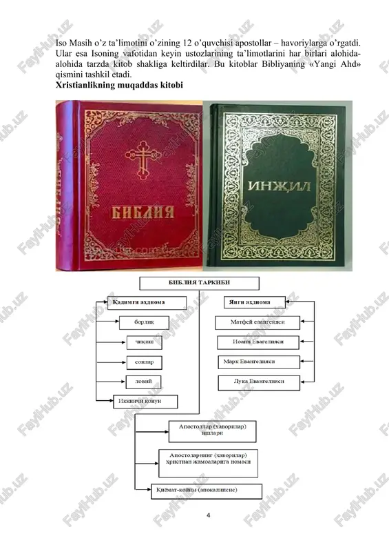 » 12 kitobga ajratib yuborilgan. xristianlar qadimiy ahdni «rivoyatlar kitoblari», «ta’limotlar kitoblari», «payg’ambar kitoblari»ga bo’ladilar. ular yangi ahdning 27 kitobini shunday tasnif qiladilar: «rivoyatlar kitoblari»ga «injil» va «havoriylar faoliyati» kiradi. «ta’limotlar»ga «havoriylar maktublari» kiradi, «payg’ambarlar kitoblari»ga «vahiy» kitobi kiradi. bibliyaning kitoblari boblarga, boblar esa suralarga bo’linadi. uning hozirgi qabul qilingan bo’linishi nenterberiya episkopi stefan langton (vaf. 1228 y.) tomonidan kiritilgan. u 1214 yili lotin tilidagi matnni boblarga bo’lib chiqdi va bu narsa keyinchalik yahudiy va yunon tillaridagi matnlarga ham joriy qilindi. suralar avval santes panino (vaf. 1541 y.), keyinchalik 1555 yillarda robert etenlar tomonidan raqamlandi. injil so’zi yunoncha «evangelion» so’zidan kelib chiqqan bo’lib, “xushxabar” ma’nosini anglatadi. unda odamzodni qutqaruvchi yagona najotkor hisoblanmish iso masihning er yuziga yuborilganligi haqida hikoya qilinadi. injil milodning birinchi asrida yozilgan, 27 bo’limdan iborat. injil iso masihni ko’rib, uni yaqindan bilgan, uning ta’limotini sinchiklab o’rgangan mualliflar tomonidan yozilgan. xristianlikda bu mualliflar xudoning ruhidan ilhomlanib, aynan xudoning …