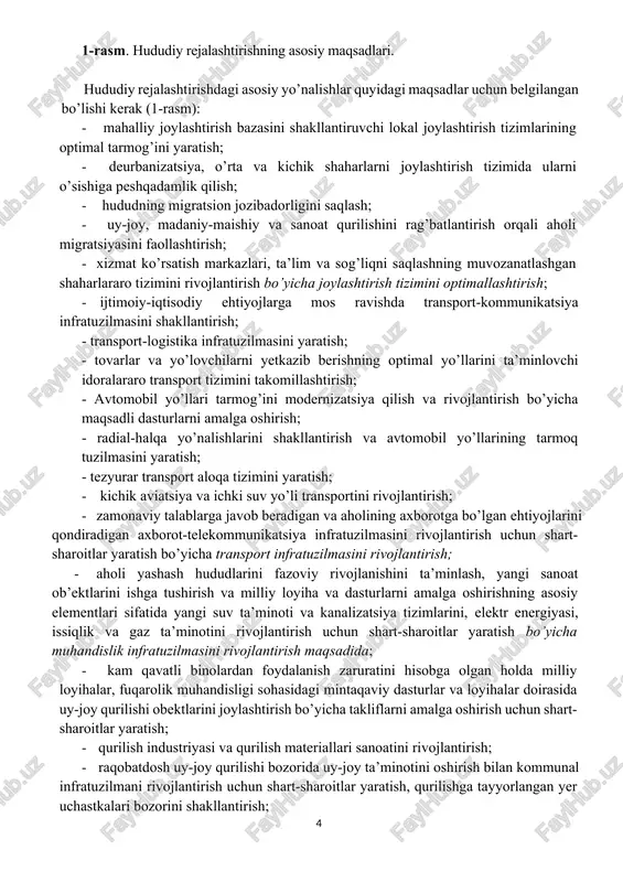 ; · ijtimoiy-iqtisodiy va hududiy rejalashtirish strategik hujjatlarini o’zaro muvofiqlashtirish; · ko’rib chiqilayotgan hududlarning ijtimoiy-iqtisodiy va fazoviy rivojlanishining qulayliklarini va cheklashlarini belgilovchi tashqi va ichki omillar yig’indisini hisobga olish. hududiy rejalashtirishning vazifalari: · hududni barqaror rivojlantirish, tabiiy muhit va madaniy meros ob’ektlarini asrash uchun shart-sharoitlar yaratish; · o’zbekiston respublikasi sub’ektlarini ijtimoiy-iqtisodiy rivojlantirishning rejalashtirilgan faoliyati va dasturlarini hududiy bog’lash; · ijtimoiy, iqtisodiy, ekologik va boshqa omillarning barchasiga asoslangan holda hududlarning maqsadini belgilash; · davlat hokimiyati va mahalliy o’z-o’zini boshqarish organlarining vakolatlari ijrosini ta’minlash; · hayot xavfsizligi, ekologik va sanitariya farovonligi talablarini hisobga olgan holda, o’zbekiston respublikasi, shahar va uning aholisi manfaatlarini amalga oshirish uchun shart-sharoitlar yaratish; · hududning investitsion jozibadorligini oshirish uchun shart-sharoitlar yaratish; · shaharsozlik, hududning fazoviy va ijtimoiy-iqtisodiy rivojlanishini monitoring qilish, yangilash va har tomonlama tahlil qilish; · hududiy rejalashtirish maqsadlari aholi joylashish tizimini optimallashtirish transport infratuzilmasini rivojlantirish informatsion texnologiyalarni rivojlantirish muhandislik infratuzilmasini rivojlantirish turar joy qurilishini rivojlantirish sanoat …
