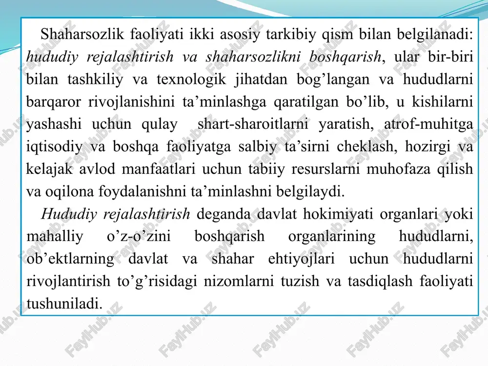 atsiyasini faollashtirish; xizmat ko’rsatish markazlari, ta’lim va sog’liqni saqlashning muvozanatlashgan shaharlararo tizimini rivojlantirish bo’yicha joylashtirish tizimini optimallashtirish; ijtimoiy-iqtisodiy ehtiyojlarga mos ravishda transport-kommunikatsiya infratuzilmasini shakllantirish; - transport-logistika infratuzilmasini yaratish; - tovarlar va yo’lovchilarni yetkazib berishning optimal yo’llarini ta’minlovchi idoralararo transport tizimini takomillashtirish; - avtomobil yo’llari tarmog’ini modernizatsiya qilish va rivojlantirish bo’yicha maqsadli dasturlarni amalga oshirish; - radial-halqa yo’nalishlarini shakllantirish va avtomobil yo’llarining tarmoq tuzilmasini yaratish; - tezyurar transport aloqa tizimini yaratish; kichik aviatsiya va ichki suv yo’li transportini rivojlantirish; zamonaviy talablarga javob beradigan va aholining axborotga bo’lgan ehtiyojlarini qondiradigan axborot-telekommunikatsiya infratuzilmasini rivojlantirish uchun shart-sharoitlar yaratish bo’yicha transport infratuzilmasini rivojlantirish; aholi yashash hududlarini fazoviy rivojlanishini ta’minlash, yangi sanoat ob’ektlarini ishga tushirish va milliy loyiha va dasturlarni amalga oshirishning asosiy elementlari sifatida yangi suv ta’minoti va kanalizatsiya tizimlarini, elektr energiyasi, issiqlik va gaz ta’minotini rivojlantirish uchun shart-sharoitlar yaratish bo’yicha muhandislik infratuzilmasini rivojlantirish maqsadida; kam qavatli binolardan foydalanish zaruratini hisobga olgan holda milliy loyihalar, …