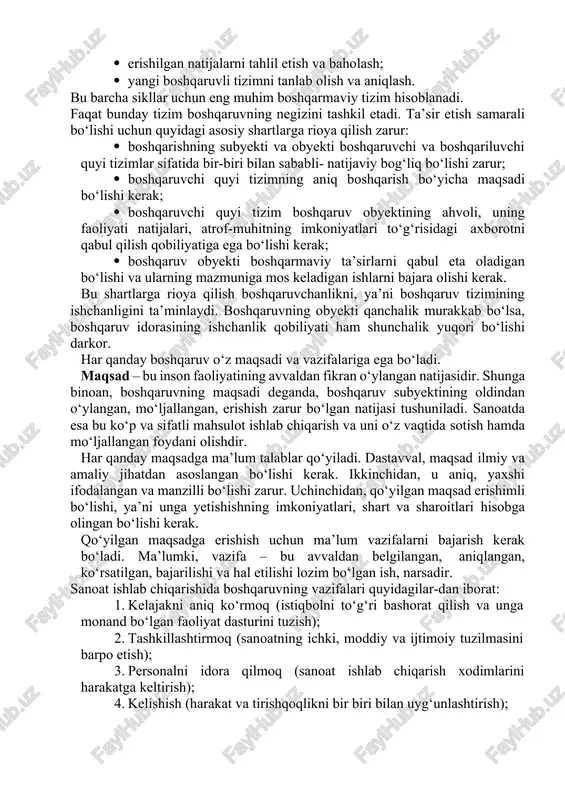 lik tajribasi sifatida o‘z mazmun va mohiyatini yo‘qotadi. albatta, minglab kishilar ishlaydigan sanoat ham bu tushuncha va mulohazalardan holi emas. ayniqsa sanoat ishlab chiqarishida “subyekt“ va “obyekt“ tushunchalari boshqa tarmoqlarga nisbatan xiyla ravshanroq ko‘rinadi. bunda vazirlik, kompaniya va korporatsiyalar-dagi boshqaruvchilar korxonadagi boshqaruvchilarga, korxonadagi boshqaruvchilar esa sex, uchastka boshqaruvchilariga rahbarlik qiladilar. ko‘rinib turibdiki, sanoatni boshqarish ham ijtimoiy ishlab chiqarishda amal qiladigan qonun va qoidalarga bo‘ysunadi. shu tufayli sanoatni boshqarish ijtimoiy ishlab chiqarishning tarkibiy va ajralmas qismi hisoblanadi. boshqaruv jarayoni17 qayerda amalga oshirilishidan qat’iy nazar, siklli (davriy) va ayni vaqtda uzluksiz hisoblanadi. boshqaruv davri maqsadning aniqlanishidan unga erishilgungacha bo‘lgan vaqtni o‘z ichiga oladi. demak, uning asosiy bosqichlari quyidagilardan iborat: · maqsadni shakllantirish (belgilash); · maqsadni rejalashtirish va bashorat qilish; · qabul qilingan qarorlar yoki maqsadli vazifalarni muvofiqlashtirish; 17 ortiqov a. «sanoat iqtisodiyoti». o'quv qo'llanma. – t.: tdiu, 2006 – b.54. · erishilgan natijalarni tahlil etish va baholash; · yangi boshqaruvli tizimni tanlab …