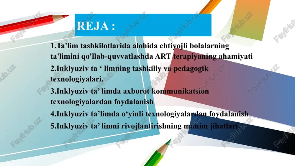 n tuzatish ishlarini bajarishda tavsiya etiladi. ertakterapiya bola yoki o‘smirlarga zarur axloq va axloqiy me'yorlarni, xulq-atvor asoslarini, avlodlar qoidalari va tajribalarini yetkazishning samarali usuli. mashg‘ulotda ertak, doston, masal o'qiladi yoki aytiladi, so'ngra muhokama qilinadi va tahlil qilinadi. usul yangi hayotiy ssenariyni qurish va shakllantirishga, muammolarga yechim topishga yordam beradi. loyterapiya loy terapiyasi-bu bolaning sensorika va motorikasiga asoslangan art-terapiyaning bir turi. loy bilan ishlashning asosiy xususiyati shundaki, ijodiy modellashtirish jarayonida o'zini namoyon qilish imkoniyati bolaga shaxsiy qiyinchiliklarini yengishga imkon beradi. korreksiyalash muammolarini hal qilish nuqtai nazaridan, natija emas, balki modellashtirish jarayoni muhim ahamiyatga ega. inklyuzivnoe obrazovanie inklyuziv ta'lim (inklyuziv) - bu barcha bolalar jismoniy, intellektual va boshqa xususiyatlariga qaramay, umumiy ta'lim tizimiga kiritilgan va o'z tengdoshlari bilan birgalikda umumta'lim maktablarida ta'lim oladigan ta'limdir. o'qituvchilar va mutaxassislarning jamoaviy ta'sir qilish texnologiyalari dizayn va dasturlash texnologiyalari tuzilgan, moslashtirilgan va qulay muhitni tashkil qilish texnologiyalari akademik kompetensiyalarni o'zlashtirishga qaratilgan texnologiyalar o'rganish va xatti-harakatlardagi qiyinchiliklarni …