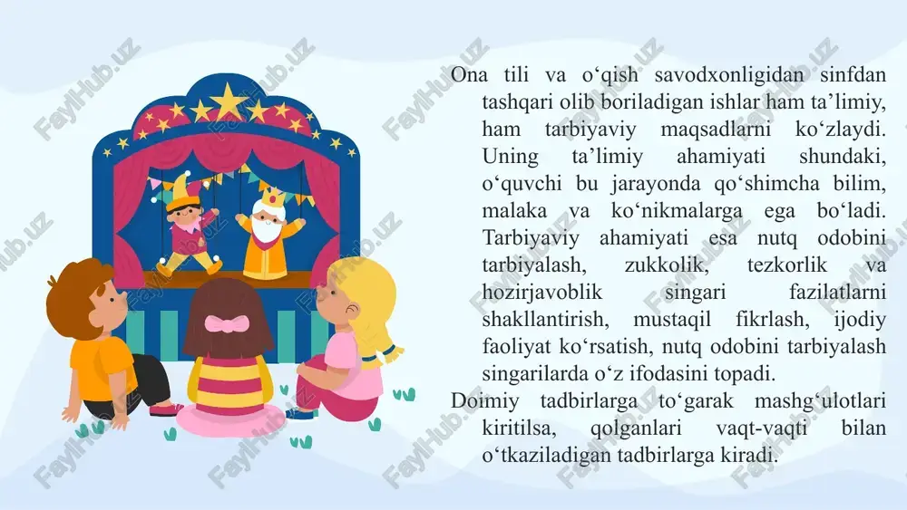 topishmoqlar. 7. quvnoq harflar o‘yini. ii mashg‘ulot. 1. rebuslarni o‘ylab topish. 2. topqirlikni talab qiluvchi she’riy mashqlar. 3. qaysi so‘roqqa javob bo‘lishini tahlil qilishga doir mashqlar. 4. hazil masala. 5. “so‘zlarni to‘ldir” o‘yini. dars tipidagi to‘garak mashg‘uloti. ona tili va o‘qish savodxonligi fanidan to‘garagini o‘tkazish uchun oldindan uning ish rejasini tuzish kerak. namuna uchun ikkinchi yarim yillikda 1-sinfda o‘tkazilgan ba’zi to‘garak mashg‘ulotlarining taxminiy rejalarinini keltiramiz. e’tiboringiz uchun rahmat!