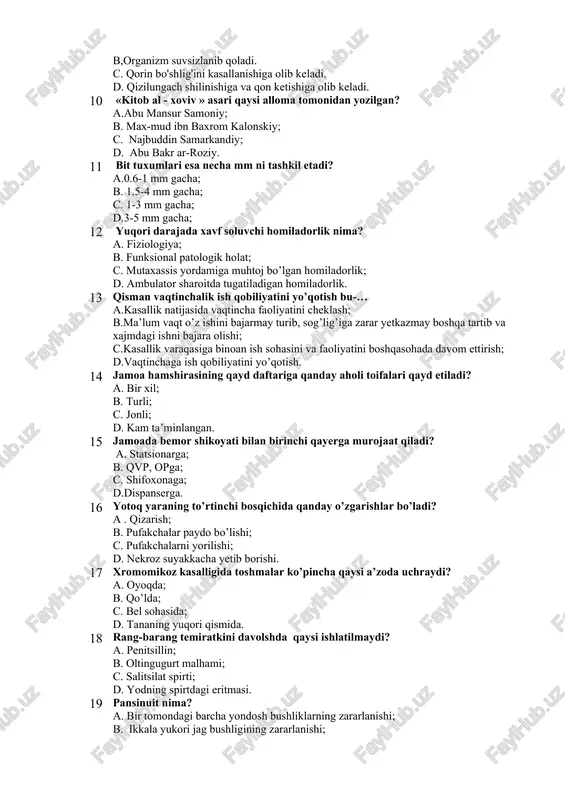 qvp, opga; c. shifoxonaga; d.dispanserga. 16 yotoq yaraning to’rtinchi bosqichida qanday o’zgarishlar bo’ladi? a . qizarish; b. pufakchalar paydo bo’lishi; c. pufakchalarni yorilishi; d. nekroz suyakkacha yetib borishi. 17 xromomikoz kasalligida toshmalar ko’pincha qaysi a’zoda uchraydi? a. oyoqda; b. qo’lda; c. bel sohasida; d. tananing yuqori qismida. 18 rang-barang temiratkini davolshda qaysi ishlatilmaydi? a. penitsillin; b. oltingugurt malhami; c. salitsilat spirti; d. yodning spirtdagi eritmasi. 19 pansinuit nima? a. bir tomondagi barcha yondosh bushliklarning zararlanishi; b. ikkala yukori jag bushligining zararlanishi; c. ikki tomondagi barcha yondosh bushliklarining zararlanishi; d. ikkala galvirsimon labirintning zararlanishi. 20 burun muskullarini qaysi nerv innervatsiya qiladi? a. n. facialis tarmoklari; b. n. opticus; c. infraorbitalis tarmoklari; d. n. trigeminus tarmoklari.