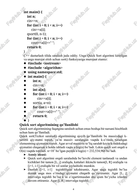 hanchi sonni chiqarish kerakliginiifodalovchi ki sonidan iborat(1≤ ki ≤n). chiquvchi ma’lumotlar dastlabki q ta satrda har bir so’rovga javobni ular berilish tartibida chiqaring. misollar № kiruvchi ma’lumotlar chiquvchi ma’lumotlar 1 10 7 8 4 7 10 5 7 1 5 3 6 847 227 427 19 227 91 319 5-topshiriq elementlari soni n ta, 1 dan boshlab indekslangan bir o’lchamli massiv quyidagiformula bilan aniqlangan: ai = (b∙i2+c∙i+d) mod 2147483647; bu yerda “mod” amali qoldiq hisoblanadi. sizning vazifangiz bu massiv elentlarinikamaymaslik tartibda saralangandan xolatdagi k-o’rinda turan elementi qiymatinitopishdan iborat. kiruvchi ma’lumotlar birinchi qatorda n va k butun sonlari berilgan(1≤k≤n≤107). ikkinchi qatorda b, c, d butun sonlari bitta probel bilan ajratib berilgan(1≤b,c,d ≤104). chiquvchi ma’lumotlar birinchi qatorda masalaning javobini chiqaring. misollar № kiruvchi ma’lumotlar chiquvchi ma’lumotlar 1 10 6 8 4 7 319 6-topshiriq the word is an anagram of another word, if it can be obtained by rearrangement of its letters. …