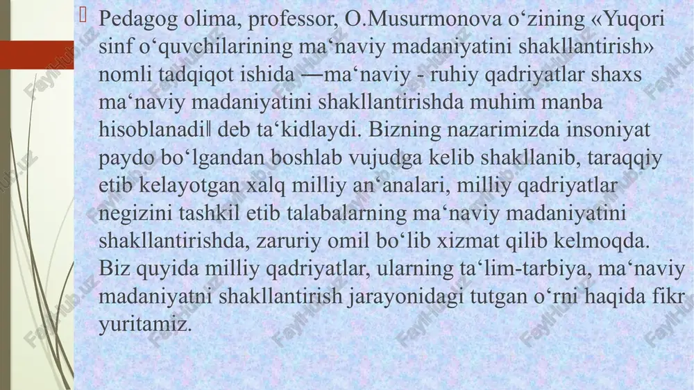 yatning amaliyotda sinovdan o‘tgan muhim belgilari ya‘ni xalqni ezgulikga, adolatga, mehnatsevarlikkaga da`vat etishdan iborat. zero, talaba ma‘naviyatini asosini ham ana shu tushunchalar tashkil etadi. yuqoridagi fikrlarimizdan quyidagicha xulosa chiqarishimiz mumkin: birinchidan, milliy an‘analar milliy xalq pedagogikasining manbalaridan bo‘lib, yoshlarning ma‘naviyatini shakllantirishning muhim omili hisoblanadi, chunki, ular xalq donishmadligini o‘zida ifodalagan bo‘lib, qadriyat sifatida avloddan-avlodga o‘tib boradi. ikkinchidan, an‘analar tarixiy hodisadir. shunga ko‘ra ular ko‘p qirrali va murakkab jarayondir. ular tarixiy zaruriyat sifatida namoyon bo‘ladi, ammo ular yangi avlod tomonidan ko‘r-ko‘rona qabul qilinmaydi, balki vorislik tamoyiliga ko‘ra tarixiy tanlanadi. shu boisdan, an‘analar zamon talabi asosida o‘zgarib boradi. buni talabaning ma‘naviyatini shakllantirishda hisobga olish katta samara beradi. uchinchidan, barcha xalqlarda bo‘lganidek, o‘zbek xalqi an‘analari zamirida mazkur millatga hos bo‘lgan jihatlar, ifodalanadi va ular milliy qadriyat sifatida namoyon bo‘ladi. ana shu narsa, o‘quvchilarda milliy, estetik ong, milliy madaniyat, ma‘naviyatni shakllantirishga yordam beradi. to‟rtinchidan, o‘zbek xalq an‘anasi o‘z shakliga va mazmuniga, xarakteri va amal …
