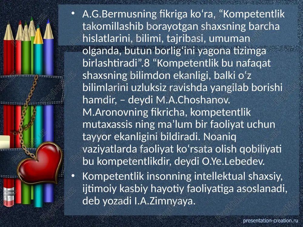 liyatlar: ko’nikma va malakalar. g) kasbiy ijodkorlik. o’zbekiston respublikasida kadrlarni tayyorlash milliy dasturiga «shaxs-kadrlar tayyorlash tizimining bosh subyekti va obyekti, ta’lim sohasidagi xizmatlarning istamolchigi va ularni amalga oshiruvchi», - deb yozilgan (1,42 b). o’qituvchi tanlangan pastga o’z munosabatini bir necha vosita orqali bildiradi. birinchidan pedagog o’z kasb faoliyatiga nisbatan ijobiy munosabatga ega bo’lishi zarur, chunki teskari xollarda u ko’pgina qiyinchiliklarga duch keladi. ikkinchidan - yuksak malakali pedagog bo’lishi uchun o’qituvchi kasbga oid bilimlarga ega bo’lishi shart. shu bilan birga o’zi egallagan bilimlarni o’quvchilarga to’liq yetkazish uchun o’quvchi pedagogik va psixologik hamda xususiy metodikadan bilimlarni egallash kerak. bundan tashqari, xozirgi zamon o’qituvchisining dunyoqarashi keng, fikrlashi erkin, jamiyatimiz haqida ilmiy tasavvurlarga ega bo’lishi zarur. uchinchidan o’quvchi yoki tarbiyagi kasbining ustasi bo’lishi uchun bir necha kasbga oid qobiliyatlarga va pedagogik texnikaga ega bo’lishi kerak. pedagogik mahoratning mezonlari: pedagogik ishlarda qo’llanilayotgan usul, vosita, shakl va ish turlarining yangiliklari. pedagogik amaliyotning (tajribaning) zich yangi yutuqlarga …