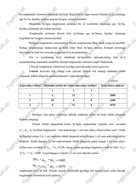 bo’lsa, teskari matrittsa a mavjud va a 1ax a 1b hosil bo’ladi. shunday qilib, nomahlum x matrittsa a 1b matrittsaga teng bo’ladi, yahni x = a 1b . bu (7) tenglamalar sistemasini yechishning matrittsaviy yozuvini bildiradi. 1-misol. matrittsalar yordamida ushbu tenglamalar sistemasini yeching: x1 x2 x1 2x2 x1 3x2 x3 4, 4x3 4, . 9x3 2 echish. quyidagi belgilashlarni kiritamiz: 1 1 1 x1 4 a 1 2 4 ; x x2 ; b 4 . 1 3 9 x3 2 bu matrittsalar yordamida berilgan tenglamalar sistemasini ax b (9) ko’rinishda yozamiz. endi a matrittsaning determinantini hisoblaymiz. 1 1 1 1 2 4 1 3 9 1 2 9 1 4 1 1 3 1 1 2 1 1 1 9 1 4 3 2 . ( 1 ) ( 1 )a matrittsaning determinanti 0 dan farqli bo’lganligi uchun, unga teskari yagona a matrittsa mavjud va tenglamalar sistemasi yagona yechimga …