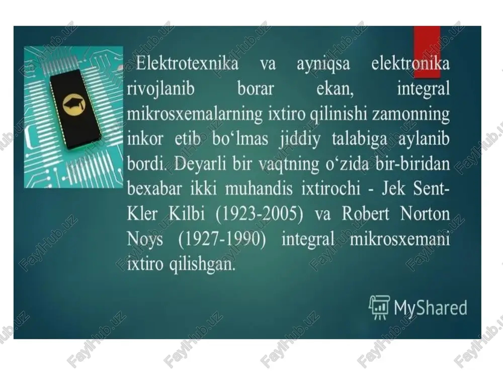 0‘z mustaqil kompaniyasini tashkil etadi. siz | noysning o‘sha kompaniyasi ishlab chigargan imslardan albatta foydalangan bo‘lsangiz kerak. u haqida ko‘p ay, eshitganingiz ham anig. chunki, noys asos % solgan o‘sha integral mikrosxemalar, ya'ni, chiplar ishlab chigaruvchi ‘© kompaniya intel deb ataladi va u hozirda, ims ishlab chigarish bo‘yicha jah ig, , ilg*or eee pe iaiccdan biri myshared " a mn a a fo te /docprops/thumbnail.jpeg 6maruza dasturlanuychi mantiqiy qurilmalar.