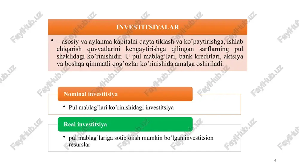 hisobga olib, investitsiya funksiyasini quyidagicha yozish mumkin: i = e - dr + γy 16 model lotincha modulus so‘zidan olingan bo‘lib, o‘lchov, me’yor degan ma’noni anglatadi. tor ma’noda – o‘rganilayotgan ob’ektning, jarayonning yoki hodisaning muhim xususiyatlarini, xossalarini aks ettiruvchi yordamchi ob’ekt. keng ma’noda – biror ob’ekt yoki ob’ektlar tizimining namunasi. 1- rasm. model tushunchasi 17 18 o’s = 100% 19 bu yerda: o’s – iqtisodiy o‘sish sur’ati, foizda; – taqqoslanayotgan davr (yil)dagi real yaim hajmi; – joriy davr (yil)dagi real yaim hajmi. iqtisodiy o‘sishning barcha tavsifi yillik o‘sish sur’atlarining foizdagi o‘lchovida to‘liq o‘z ifodasini topadi: bu yerda: o’s – iqtisodiy o‘sish sur’ati, foizda; 〖𝑌𝑎𝐼𝑀〗_(𝑏𝑎𝑧𝑖𝑠 𝑑𝑎𝑣𝑟) – taqqoslanayotgan davr (yil)dagi real yaim hajmi; 〖𝑌𝑎𝐼𝑀〗_(𝑗𝑜𝑟𝑖𝑦 𝑑𝑎𝑣𝑟) – joriy davr (yil)dagi real yaim hajmi. 20 yalpi ichki mahsulot ishchi kuchi, kapital va tabiiy resurslar sarflarining funksiyasi hisoblanadi, ya’ni: y – yalpi ichki mahsulot; l – ishchi kuchi sarflari; k – kapital sarflari; n …