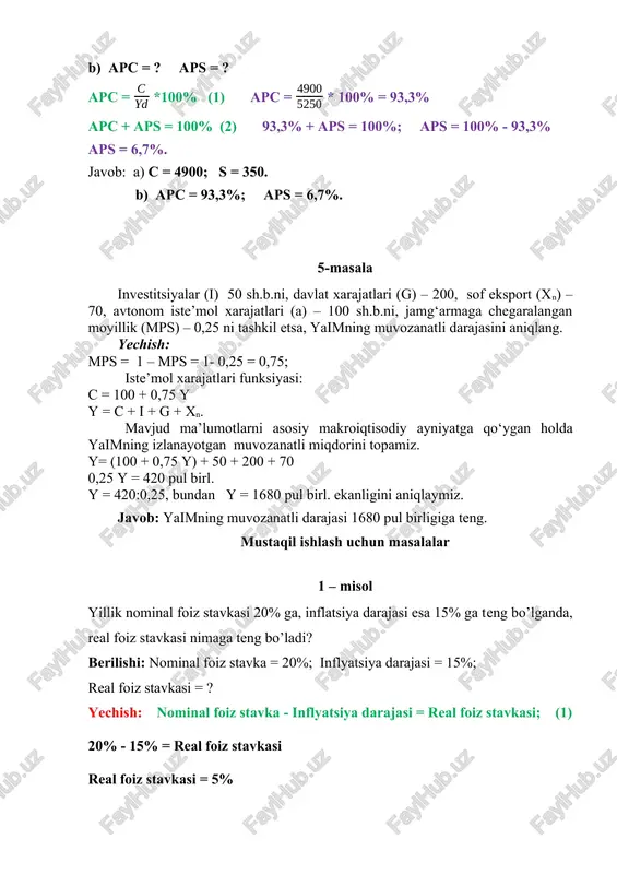 h tezligi nechiga teng? berilishi: m/p=0,2y; v = ? m * v = y * p (1) bu yerda: m – muomaladagi pul miqdori; v – pulning aylanish tezligi; r – iqtisodiyotdagi baholar darajasi; y – talab qilinayotgan real ishlab chiqarish hajmi. yechish: m/p=0,2y; = 0,2*y; m = 0,2*y*p. bu natijani 1-formuladagi m ning joyiga qo’yamiz: 0,2*y*p *v = y*p; y va p qisqarib ketadi: 0,2*v = 1; v = 1/0,2 v = 5. javob: pulning aylanish tezligi = 5. 8 – misol investitsiyalar 700 sh.b.ni, tasarrufdagi daromad 3200 sh.b.ni, iste’mol xarajatlari 2800 sh.b., davlat budjeti ortiqchaligi 100 sh.b.ni tashkil etdi. sof eksport miqdorini toping. 9 - masala davlat xaridlari g = 50, transfert to‘lovlari tr = 10, davlat qarzi bo‘yicha foiz stavkasi r =10% (davlat qarzi d = 20), soliq tushumlari t = 40. byudjet kamomadi mavjudmi, yo‘qmi? 10 – masala faraz qilaylik, iqtisodiyotda iste’mol quyidagi tenglama bilan berilgan …