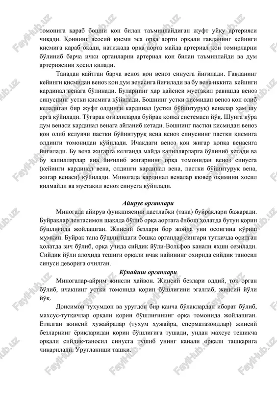 ngi kardinal (ustki bo'yinturuq) venalar ham shu erga qo'yiladi. to'garak og'izlilarda buyrak qopqa sistemasi yo'q. shunga ko'ra dum venasi kardinal venaga aylanib ketadi. boshning pastki qismidan venoz qon olib keluvchi pastki bo'yinturuq vena venoz sinusning pastki qismiga oldingi tomonidan qo'yiladi. ichakdagi venoz qon jigar qopqa venasiga yig'iladi. bu vena jigarga kelganda mayda kapillyarlarga bo'linib ketadi va bu kapillyarlar yana yig'ilib jigarning orqa tomonidan venoz sinusga (keyingi kardinal vena, oldingi kardinal vena, pastki bo'yinturuq vena, jigar venasi) qo'yiladi. minogada kardinal venalar kyuver oqimini hosil qilmaydi va mustaqil venoz sinusga qo'yiladi. ayiruv organlari minogada ayiruv funktsiyasini dastlabki (tana) buyraklari bajaradi. buyraklar lentasimon shaklda bo'lib orqa aortaga yonbosh holatda butun qorin bo'shlig'ida joylashgan. jinsiy bezlari bor joyda uni osongina ko'rish mumkin. buyrak tana bo'shlig'idagi boshqa organlar singari tutqichda osilgan holatda zich bo'lib, orqa uchida siydik yo'li-volfov kanali yaxshi seziladi. siydik yo'li alohida teshigi orqali ichak nayining oxirida siydik tanosil sinusi devoriga ochilgan. ko'payish …