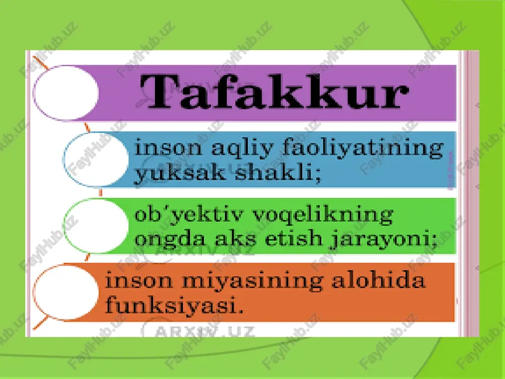 inishga ega bo'lishi ham mumkin tasdiqlovchi hukm -narsa bilan belgining aloqasi bog'liqligi borligi aks ettirilgan hukmga aytiladi. yakka hukm -yakka, yolg'iz narsa va hodisa to'g'risidagi hukmga aytiladi. toshkent – o'zbekiston respublikasi poytaxtidir. juz'iy hukm -belgining biror turkumigagina taalluqliligini tasdiqlovchi yoki inkor qiluvchi hukm. umumiy hukm-bir turkumdagi narsa va hodisalarning hammasi to'g'risida tasdiqlab, yoki inkor qilib aytilgan hukm shartli hukm-hukmda narsa va hodisa belgisining borligini muayyan sharoitlarda tasdiqlab yoki inkor qilib aytilgan hukm ayruvchi hukm hukmda narsalar va hodisalar bir necha belgiga nisbatan berilib, shu belgilardan farqi bitta unga tegishli bo'lgan qat'iy hukm-narsa bilan belgi o'rtasidagi aloqaning bor yoki yo'qligi qat'iy shaklda aks ettirilgan hukm psixologiyada hukmlar ikkita asosiy yo'l bilan hosil qilinishi ta'kidlab o'tiladi: birinchi yo'l, bilan hukm hosil qilinganda idrok qilish zarur bo'lgan narsalarning bevosita o'zi ifodalanadi. ikkinchi yo'l, bilan esa bevosita mulohaza yuritish yordami bilan hukm amalga oshiriladi. xulosa chiqarish shunday tafakkur shaklidirki, bu shakl vositasi bilan biz …