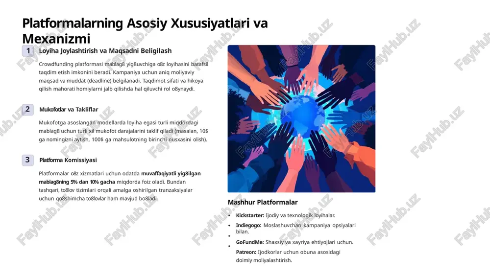 va yangilanishlar butun kampaniya davomida homiylar bilan doimiy aloqada bo8ling. ularning savollariga javob bering, loyiha taraqqiyoti haqida yangilanishlar bering. bu ishonchni mustahkamlaydi va keyingi sarmoyalarni jalb qilishga yordam beradi. 5. mablag8ni olish va mukofotlarni yetkazish maqsadga erishilgandan so8ng (yoki moslashuvchan modelda muddat tugagandan so8ng) mablag8ni oling. eng muhim bosqich – va¾da qilingan mukofotlarni o8z vaqtida va sifatli homiylarga yetkazish. bu kelajakdagi muvaffaqiyatingiz poydevoridir. crowdfundingning afzalliklari va kamchiliklari crowdfunding loyihani rivojlantirish uchun ko8plab imkoniyatlar yaratadi, ammo u o8ziga xos xavflarni va cheklovlarni ham o8z ichiga oladi. loyiha egasi ushbu jihatlarni diqqat bilan o8rganishi lozim. afzalliklari tez va oson boshlash an¾anaviy moliyalashtirish usullariga nisbatan, crowdfunding platformasida kampaniya ochish va dastlabki sarmoyani jalb qilish jarayoni ancha tez va kam byurokratikdir. keng auditoriyaga yetib borish platformalar global miqyosdagi millionlab potensial homiylarga kirish imkonini beradi, bu esa loyihangizga katta e¾tibor va ommaviy marketing effekti beradi. bozorni sinovdan o8tkazish mablag8 yig8ish jarayoni bozorda loyihangizga bo8lgan haqiqiy …
