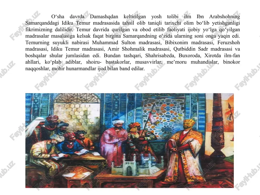 diiy uslub jihatidan takomillashdi, adabiyotshunoslik va tilshunoslikka oid ilmiy asarlar yaratildi. o’zbek tarjima adabiyoti vujudga keldi. bu davrda yetuk ijodkorlar qutb, sayfi saroyi, haydar xorazmiy, durbek, amiriy, atoiy, sakkokiy, lutfiy, bobur, muhammad solih va boshqalar yashab ijod qildi. ayniqsa o’zbek yozma adabiyotining dunyoviy ko’lamini alisher navoiyning ijodi kamolot bosqichiga ko’tardi. qaysi ijodkor o’ziga qaysi mamlakat yoki shaharni qulay deb bilsa, osha yerda yashab ijod qildi. masalan, xorazmlik shoirlar haydar va hofiz xorazmiylar sherozga, ismoil ota avlodlaridan bo’lgan shoir shayx atoiy turbatdan (toshkent yaqinidan) balxga, mavlono lutfiy ham asli toshkentdan bo’lib hirot yaqiniga borib yashab qolganlar. temuriylardan 22 ta ijodkor-shoir bo’lib, ular o’zlari she’r yozish bilan birga ijodkorlarga xomiylik ham qilgan. xalil sulton, husayn boyqaro kabilar o’z she’rlaridan devon tuzganlar. xurosondagi adabiy hayotning rivojida boysung’ur mirzo (shohruhning o’g’li) ning o’rni beqiyos bo’lib, u o’z tashabbusi bilan fanlarning barcha sohalariga va san’at rivojiga katta hissa qo’shgan. uning rahbarligida firdavsiy «shohnomasi»ning ko’p qo’lyozmalarni …