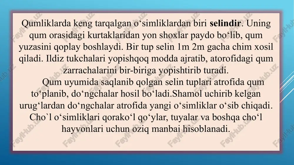 o‘lni sovun bilan yuvish zarur. to‘qay o‘simliklari. to‘qay deganda daryo bo‘ylaridagi sernam yerlar tushunilib, u joylarda nam sevar o‘simliklardan qamish, ro‘vak, shirinmiya, qo‘g‘a yantoq; daraxt va bo‘talardan esa turang‘il, yulg‘un, tol, jiyda kabilarni ko‘rsatish mumkin. to‘qaylardagi o‘simliklar bir tekis tarqalmagan. bir joyda turang‘il ustunlik qilsa, boshqa yerda yulg‘un ko‘p tarqalgan bo‘ladi. to‘qaylar daryo soxillarini yemirilishdan saqlaydi; chorva mollari uzun oziq manbai xisoblanadi va ma’lum darajada cho‘llarning quruq havosini yumshatadi, qurulish materiallari sifatida ham ishlatiladi. o’simliklar dunyosiga inson faoliyatining ta’siri o’zbekistonda yovvoyi holda o’sadigan yuksak o’simliklarning 4000 dan ortiq turlari mavjud. ular 1028 ta avlod va 145 ta oilaga mansub bo’lib: daraxt, buta, butacha, chala buta, o’tsimon va suvo’tlar ko’rinishida o’sadi. o’simliklar butun yer yuziga tarqalgan bo’lib, faqat quruqlikda emas, balki ko’l, dengiz va okeanlarda, ba’zan, ancha katta chuqurliklarda ham o’sadi. yashil o’simliklar havodan karbonat angidrit gazini o’zlashtirib, yashil pigment – xlorofill yutgan quyosh nuri yordamida (urug’da) uni ildiz orqali tuproqdan …