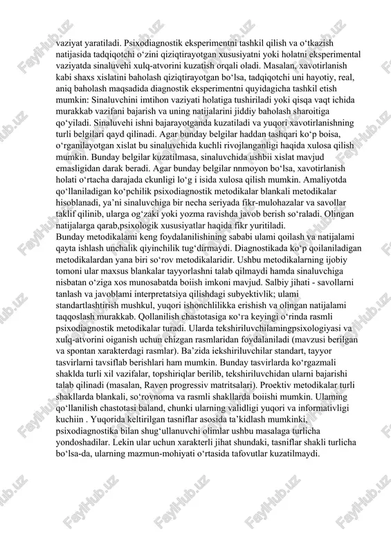 sh juda qiyindir. ushbu holatda biz himoya mexanizmlariga to‘qnash kelamiz, ya’ni bunda natijani qo‘lga kiritish juda murakkab tarzda amalga oshiriladi. bu ko‘rinishdagi qiyinchilikning paydo bo‘lishi proektiv metodikalarning stimul materiallaridagi noaniq xususiyatlari bilan bog‘liqdir. proektiv metodikalar va shaxs so‘rovnomalarini bir maqsadda qo‘llash samarali tashxis qo‘yish vositalari ekanligini ta’kidlash mumkin. bu holat tashxisni ikkita yo‘nalish bo‘yicha amalga oshirish imkonini beradi: birinchisi – sinaluvchi tomonidan tan olingan va o‘z-o‘ziga hisobot berishda mavjud bo‘lgan motivlarni, shaxs xususiyatlarini, shaxsni tashkil qiluvchi boshqa o‘zaro munosabatlarni aniqlash; ikkinchisi – ongsiz holatga tashxis qo‘yish, sinaluvchi tomonidan tan olinmagan va tushirib qoldirilgan omillarni baholash, o‘z-o‘ziga hisobot berishda aniqlanmaydigan holatlarni aniqlash. shaxsni diagnostika qilish jarayonining bu ko‘rinishda ajratilishi proektiv metodikalar va shaxs so‘rovnomalari yordamida olingan natijalar o‘zaro mos kelishi kerakligini anglatmaydi, aksincha ularning o‘zaro farqlanishlari ehtimolligi yuqori darajada bo‘lishi, ya’ni shaxsning turli xil darajada bo‘lishini ifodalab beradi. shuningdek, proektiv metodikalar bilan ishlashda, psixologning kasbiy mahorati va masalani standartlashtirishdagi yuqori talablar …