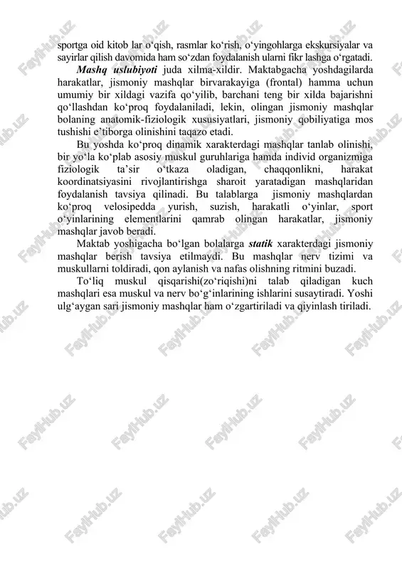 qisqa ko‘rsatma berishlari bilan almashinadi. ko‘rsat malar yordamida harakatdagi xatolarni to‘g‘irlash va ogohlantirish va ularni baholash mumkin. buyruqlar va ko‘rsatmalar maktabgacha yoshdagilarda jismoniy mashqlarni teng boshlash, teng tugallash, uni sur’atini, rit mini boshqarish, harakatga yo‘nalish berish uchun qo‘llaniladi. gimnastikada qabul qilingan eng oddiy buyruqlar, mashq musiqasiz bajarila boshlansa, asosan katta yoshdagi guruhlarda foydalanish mumkin. ko‘rsatmalardan esa asosan kichik yoshdagi guruhlarda ko‘proq foydalaniladi. ko‘pchilik jismoniy mashqlar, ashulalar, she’rlar mazmuni aytiladigan voqealar va harakatni qanday bajarilishi kerakligi haqida yozilgan matnni o‘qish bilan qo‘shib ijro etiladi. ijro paytida bolalarga savol berish, ularni fikrlashga o‘rgatadi, o‘sha jismoniy mashq haqida to‘liq bilimga, harakatni his qilishga imkoniyat yaratadi. suhbat ham bajariladigan jismoniy mashq haqida ko‘proq ma’lumotga, fikrga ega bo‘lish va jismoniy mashqlarni bajarilishi haqida lozim bo‘lgan malakalarga manbaa bo‘lishi amaliyotda kuzatilgan. jismoniy tarbiya va sportga oid kitob lar o‘qish, rasmlar ko‘rish, o‘yingohlarga ekskursiyalar va sayirlar qilish davomida ham so‘zdan foydalanish ularni fikr lashga o‘rgatadi. mashq uslubiyoti …