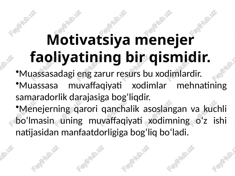 iroq 4. odam uchun asosiy motiv pul va xavfsizlik hissidir 6. yaxshi sharoitlar yaratilganda odam o‘z qobiliyatini rivojlantirish va amalga oshirishga intiladi 5. ko‘pchilikning ijodiy ishga qobiliyati kam va xodim o‘z qobiliyatini asosan rahbariyat tomonidan berilgan ishdan bo‘yin tovlash uchun safarbar etadi 7. ijod qilish va kashfiyotga moyillik keng tarqalgan, lekin juda past darajada qo‘llaniladi motivatsiyalash strategiyalari va uslublari. u yoki bu motivatsiya strategiyasini qabul qilishga uch xil yondoshish mumkin: 1. rag‘batlantirish va jazolash orqali: ko‘p va sifatli mehnat qilayotgan xodimlarga ko‘p pul beriladi, yanada ko‘proq ishlayotgan xodimlarga esa yanada ko‘proq to‘lanadi. sifatsiz mehnat qiluvchilar jazolanadi. 2. mehnat orqali motivatsiyalash: xodimga qiziqarli va unga yoqadigan ish berilsa olinadigan natija ham shunchalik yuqori bo‘ladi. 3. rahbar bilan bo‘lgan aloqani kuchaytirish: agar xodim topshiriqni sifatli bajarayotgan bo‘lsa, unga ijobiy baho berish va xatoga yo‘l qo‘ygan paytda esa salbiy baho berishni muntazam shaklga keltirish. ushbu motivatsiya strategiyasi vaziyatni doimo tahlil qilib borish hamda …
