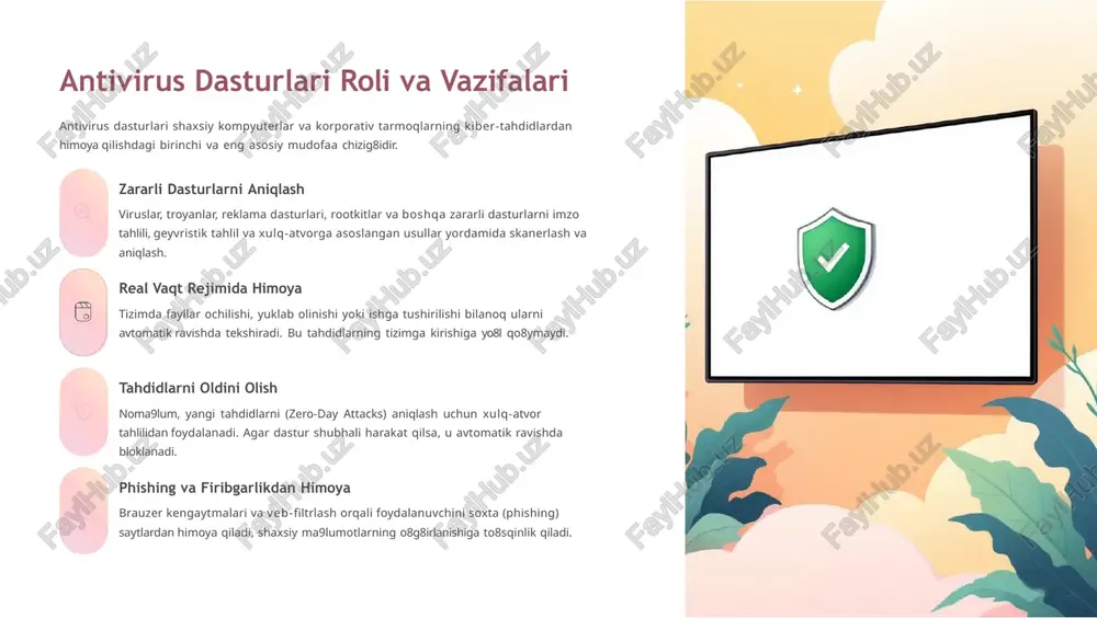 geosiyosiy kuchlar o8rtasidagi raqobat maydoniga aylanganini ko8rsatdi. bu holat tashkilotlarga xavfsizlik dasturlarini tanlashda texnik samaradorlik bilan birga strategik va geosiyosiy omillarni ham hisobga olish zarurligini eslatadi. antivirus dasturlarining zamonaviy xususiyatlari bugungi kunda antivirus dasturlari an9anaviy viruslarni aniqlashdan ko8ra murakkabroq vazifalarni bajaradi. ular kiberhujumlarning yangi turlari va usullariga moslashgan. ai va mashina o8rganish yangi va mutatsiyaga uchragan tahdidlarni (polimorf viruslar) aniqlash uchun algoritmik tahlil qo8llaniladi. ai imzo to8plamlariga bog8liq bo8lmasdan, dasturiy ta9minotning xulq-atvoridagi anormalliklarni tahlil qiladi. ransomwaredan himoya shifrlovchi viruslarning (ransomware) fayllarni shifrlashga urinishlarini aniqlash va bloklash uchun maxsus monitorlar o8rnatilgan. ba9zilar hatto shifrlangan fayllarni avtomatik tiklash imkoniyatiga ega. kengaytirilgan veb xavfsizligi phishing, zararli skriptlar va brauzerga kiruvchi tahdidlarga qarshi kuchli veb-filtrlar va xavfsiz brauzer muhitlari. bu onlayn banking va xaridlar paytida xavfsizlikni oshiradi. o8yin va ish rejimlari foydalanuvchi tajribasini buzmaslik uchun antivirus resurslarni tejash va bildirishnomalarni vaqtincha o8chirish imkoniyatini beradi. bu ayniqsa o8yin o8ynash yoki og8ir vazifalar bajarishda muhim. xavfsizlik …