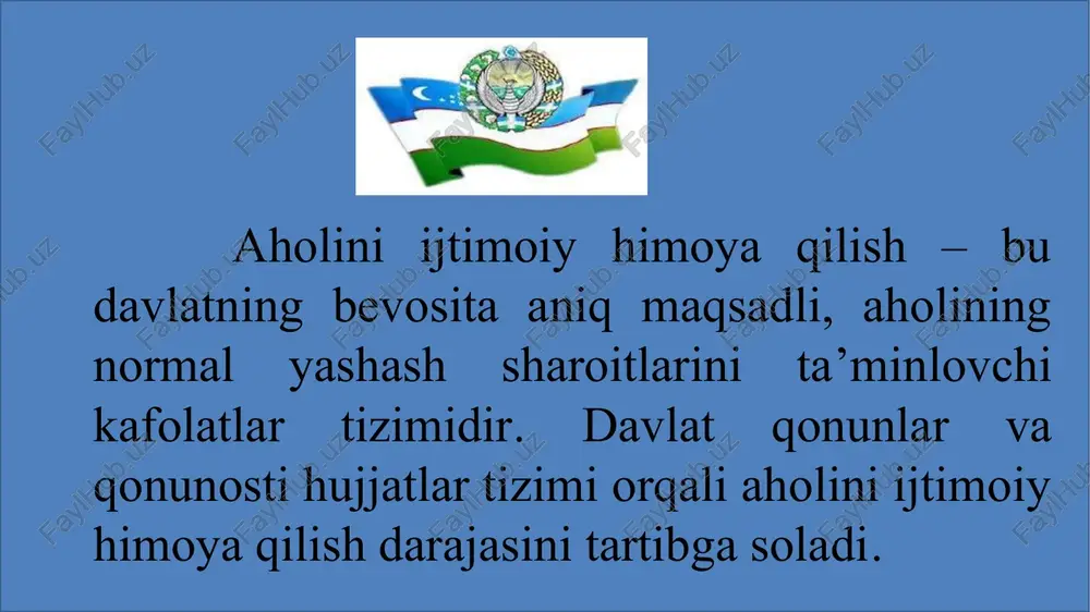 i parvarish qilish uchun ajratildi. www.presentationgo.com © presentationgo.com by: .com biroq, ayrim joylarda haqiqiy ijtimoiy himoyaga muhtoj oilalar chetda qolib, muhtoj bo‘lmagan oilalar ham moddiy yordam ola boshladi. shunday sharoitda ijtimoiy siyosatni amalga oshirishda, yangicha yo‘l tutish zarur bo'lib qoldi. shu munosabat bilan ommaviy-ijtimoiy himoyalash tartibidan ishonchli ijtimoiy kafolatlar va aholini ijtimoiy qo‘llab-quvvatlash tizimiga o'tish maqsadga muvofiq, deb topildi. bunday yangi tartib avvalo adolal tamoyiliga rioya qilishni talab qilardi. bu qoidaning mohiyati shundan iboratki, davlat tomonidan qo'llab-quvvatlanishiga haqiqatan ham muhtoj bo'lgan kishilami aniqlash, ularga yordam uyushtirish lozim edi. buni aniqlash albatta adolat bilan ish tutishni taqozo qiladi. bu borada hokimlar. mahalla qo'mitalarining mas'uliyati oshirildi. ular aholining moddiy yordamga inuhtoj qismini aniqlashda bunday yordamni uyushtirishning qo‘shimcha chora-tadbirlarini joriy etishga haqli bo‘ldilar. chunki vazifa g‘oyat murakkab va mas'uliyatli edi. www.presentationgo.com © presentationgo.com by: .com “aholini ish bilan ta’minlash biz uchun nafaqat iqtisodiy, ayni paytda katta ijtimoiy ahamiyatga egadir. hokimliklar, vazirlik va idoralar, …