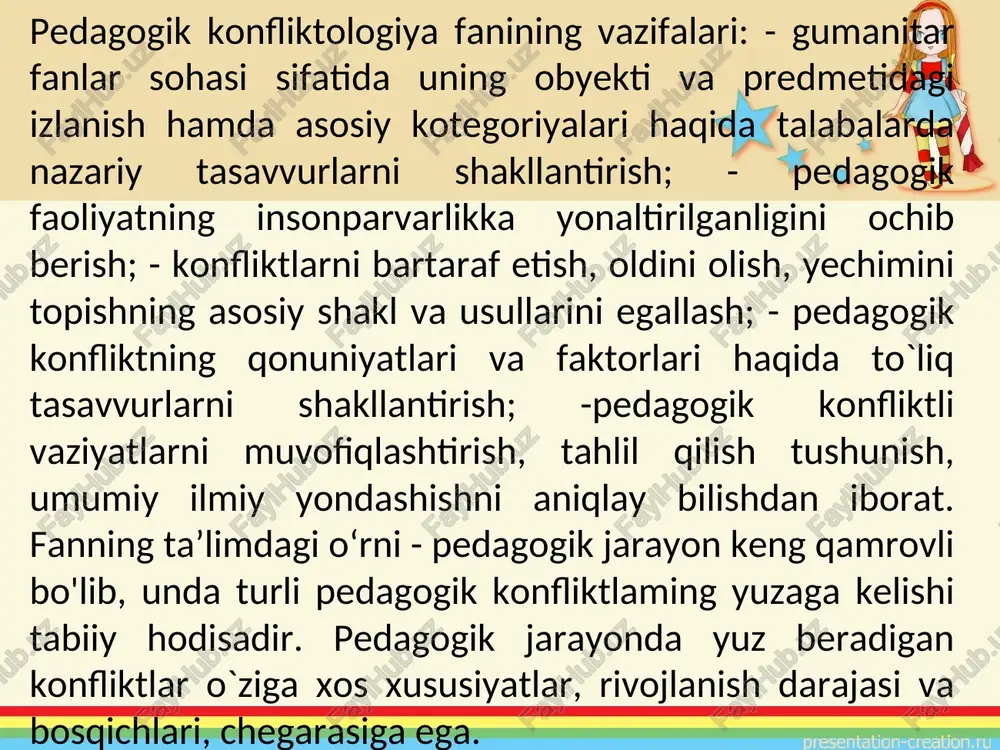 tashqarida birgalikdagi faoliyatni mohirlik bilan uyushtiradi, tarbiyalanuvchining fikri, tuyg'usi va irodasini bevosita va bilvosita boshqarish san’atini egallagan bo`ladi. tarbiyalanuvchi muomala odobini asosan tarbiyachi timosolida anglab oladi. ustoz tarbiyalanuvchi uchun bir umrga sevimli, ideal, ibrat, namuna bo'lib qolishga muyassar bo`lmog`i lozim. pedagogik konfliktlarning kelib chiqish sabablari gurulidagi har bir shaxsning fe’l-atvoridagi xatti-harakatlarida shaxsga mansub bo‘lgan millat, xalq va hudud xususiyatlarida namoyon bo‘iadi. konfliktlarning namoyon bo‘lish shakllari va turlari konfliktlarni namoyon bo`lish turiga ko‘ra ikkiga bo‘lish mumkin: agonistik (murosaga keladigan) va antagonistik (murosasiz). agonistik konfliktlar uchun quyidagilar xos: 1) konfrontatsiya (konflikt) - sotsial guruhlaming qarama-qarshisiyosiy, ekologik, sotsial manfaatlarga passiv qarshi turishi. konfrontatsiya ochiq to‘qnashuv shaklini olmaydi, ammo farqli qarashlar mavjudligini ko'zda tutib, raqobatga o`sib ketishi mumkin; 2) raqiblik - alohida odam yoki biron-bir jamoat yutuqlari va imkoniyatlari e’tirof etilishi uchun kurash. raqiblik maqsadi - yaxshi sotsial pozitsiyaga ega bo`lish, e’tiborli yutuqlarga erishish. raqiblik rivojlanib, raqobatga o‘tishi mumkin. 3) raqobat - konfliktning alohida …