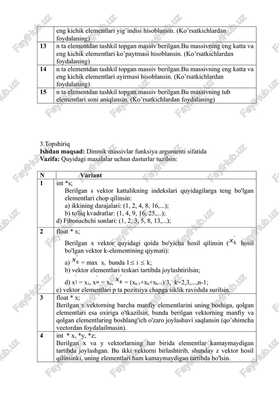 . 2.topshiriq ishdan maqsad:funksiyalarda ko’rsatkichlar va murojaatlar.dinamik massivlar bilan ishlash. vazifa: ko’rsatkichlar orqali o’zgaruvchilarni e’lon qiling. variantda ko’rsatilgan misollar ustida bajariladigan amallarning dasturini tuzing. n variantlar 1 n ta elementdan tashkil topgan massiv berilgan.bu massivning juft o’rinlarida turgan elementlari yig’indisi hisoblansin.(ko’rsatkichlardan foydalanib hisoblansin). 2 n ta elementdan tashkil topgan massiv berilgan.bu massivning juft elementlari yig’indisi hisoblansin. (ko’rsatkichlardan foydalanib hisoblansin). 3 n ta elementdan tashkil topgan massiv berilgan.bu massivning elementlarini teskari tartibda chiqaring. (ko’rsatkichlardan foydalaning). 4 n ta elementdan tashkil topgan massiv berilgan. massivning eng katta elementi aniqlansin. (ko’rsatkichlardan foydalaning). 5 n ta elementdan tashkil topgan massiv berilgan.bu massivning eng kichik elementi aniqlansin. (ko’rsatkichlardan foydalaning). 6 n ta elementdan tashkil topgan massiv berilgan.bu massivning toq elementlari ko’paytmasi hisoblansin. (ko’rsatkichlardan foydalaning) 7 n ta elementdan tashkil topgan massiv berilgan.bu massivning juft o’rinda turgan juft elementlari soni aniqlansin. (ko’rsatkichlardan foydalaning) 8 n ta elementdan tashkil topgan massiv berilgan. eng katta 2 ta elementi …