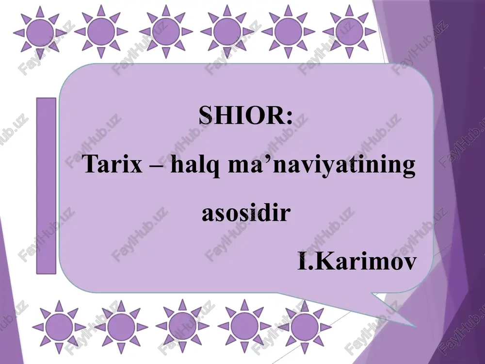 zohiran va botinan pok bo‘lish, qalban pok, ruhan alloh vasliga yetishga, ezgulikka yetaklaydi. yo’nalishlari: ilm - shariat yo‘l - tariqat tajriba - ma’rifat haqiqat - komil inson tasavvuf ta’limotida tarbiya turlari aqliy tarbiya mehnat tarbiyasi ruh tarbiyasi, sir tarbiyasi nafs tarbiyasi abdulholiq g‘ijduvoniy, ahmad yassaviy, najmiddin, kubro yaxyo suxravardiy, baxouddin naqshband, shayx xovand toxur, xo‘ja axror valiy tasavvuf ta’limoti allomalari naqshbandiya ta’limotining “diling ollohda, qo‘ling mehnatda bo‘lsin shiori”da pedagogik qarashlar halol mehnat bilan jamiyatda fidokor inson bo‘lish inson ilm-ma’rifat va kasb hunari orqali ma’naviy kamolotga erishishi mehnatsevarlikni ulug‘lashi insonning o‘z-o‘zini anglashi va boshqarishi halol mehnat salbiy xislatlar (loqaydlik, murtadlik,ishyoqmaslik)dan qaytaradi va insonni ezgulikka yetaklaydi ezgu sifatlar, xalol mehnat qilish insoniyatni xalq mushkulini oson qilishga chaqiradi, saxovatli bo‘lishga o‘rgatadi insonni islom ekstremizmi, fundamentalizmi va terrorizmga qarshi kurashga undaydi tekshirish uchun savol va topshiriqlarlar: 1.islom dini tarqalgandan keyin ta’lim tizimi va mazmuni qanday tashkil etildi? 2.maktab va madrasalarda ta’lim qanday tashkil etilgan …