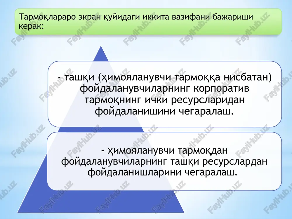 ilayotgan buzilish haqida xabar jo'natadi. bulardan tashqari quyidagi shlyuzlar ham qo'llaniladi: gauntlet internel firewall, alta visla firewall, ans interlock va boshqalar. sxemalari paketlarni filtrlashga asoslangan tarmoqlararo ekran keng tarqalgan va amalga oshirilishi oson. u himoyalanuvchi tarmoq va bo'lishi mumkin bo'lgan g'anim ochiq tarmoq orasida joylashgan ekranlovchi marshrutizatordan iborat bitta tarmoq interfeysli firewall yordamida lokal tarmoqni himoyalash bitta tarmoq interfeysli brandmauerlardan foydalanilgan himoyalash sxemalari himoyalanuvchi yopiq va himoyalanmaydigan ochiq qism tarmoqli sxema ushbu usul lokal tarmoq yopiq qismining kuchli himoyalanishini, ammo tarmoqlararo ekrangacha joylashgan ochiq serverlarning pasaygan himoyalanishini ta'minlaydi yopiq va ochiq qism tarmoqlarni alohida himoyalovchi sxema uchta tarmoq interfeysli bir brandmauer asosida yopiq va ochiq qism tarmoqlarni alohida himoyalash sxemasi yopiq va ochiq qism tarmoqlarni alohida himoyalovchi sxema ikkita tarmoq interfeysli ikkita brandmauer asosida yopiq va ochiq qismtarmoqlarni alohida himoyalash sxemasi image1.png image2.png image3.png image4.png image5.png image6.png image7.png image8.png image9.png image10.png image11.png image12.png oung rau ‘rapwox, cepnepaap ‘cepnepaap ‘mincoanap ‘tapwoxaapapo …