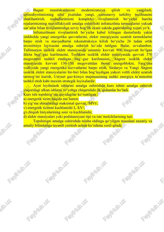 kunlik yuklamalar jadvalini tuzish uchun quyidagilar aniqlanadi: a) har bir sanoat korxonasi uchun to'liq va reaktiv quvvat: [ mva ] (2) [ mvar ] (3) ushbu tipik grafiklar yordamida podstansiyalarning kunlik va yillik grafiklari tuziladi. jadvallarni tuzish uchun qish va yoz kunlari uchun jadval tuziladi. jadvalni yaratish uchun quyidagi iboralardan foydalanamiz. [ mvt ] (4) [mvar] (5) [mva] (6) bu yerga n % -tipik grafikga mos keladigan ordinat ustuni (foiz sifatida). podstansiya uchun aktiv, reaktiv va to'la quvvatlarni yig'indisi aniqlanadi . [mvt] (7) [mvar] (8) [mva] (9) yuqoridagi formulalardan foydalanib hisoblash ishlarini amalga oshiramiz.bunda hisob-kitoblarni variant asosida ko‘rib o‘tamiz. 1) qora metallurgiya. korxonaning talab koeffitsenti , quvvat koefisenti ga teng. 2) tog’ rudalari. korxonaning talab koeffitsenti , quvvat koefisenti 7 ga teng. yuqorida hisoblangan maksimal quvvatlardan foydalanib podstansiyaiste’molchilarining yuklamalar grafigi quriladi. buning uchun (4,5,6)dan foydalanib, iste’molchilarning qishki va yozgi yuklamalar hisoblab topiladi ushbu hisob kitoblar jadvalga kiritiladi. 1) qora metallurgiya …