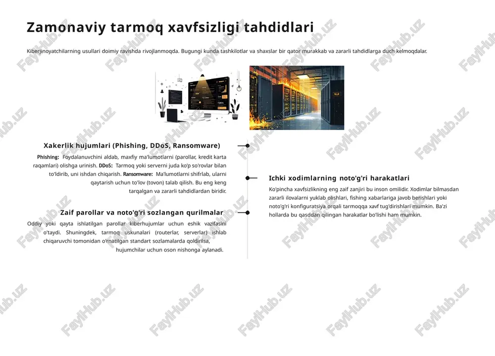 oshqaradi. ushbu dasturiy yechimlar birgalikda korxona ma'lumotlarini dasturiy va foydalanuvchi darajasida chuqur himoya qilish imkonini beradi. tarmoq xavfsizligini ta'minlashda inson omili texnologiyalar qanchalik ilg'or bo'lmasin, xavfsizlikning eng muhim va ko'pincha eng zaif qismi bu inson xatosidir. xodimlarni xabardor qilish va o'qitish himoya tizimining ajralmas qismidir. xodimlarni xavfsizlik bo'yicha muntazam o'qitish: phishing, ijtimoiy injeneriya va xavfsiz internet amaliyotlari bo'yicha majburiy treninglar o'tkazish. bu ularning tahdidlarni tanib olish qobiliyatini oshiradi. kuchli parollar va ikki faktorli autentifikatsiya (2fa): xodimlardan kamida 12 ta belgidan iborat, murakkab parollar yaratish va ularni muntazam o'zgartirish talab etiladi. 2fa esa xavfsizlikning ikkinchi qatlamini yaratadi. ichki siyosat va qoidalarni qat'iy nazorat qilish: ma'lumotlarga kirish huquqini minimal zaruriyat printsipi (least privilege principle) asosida belgilash va ularga amal qilishni tekshirish. "kiberxavfsizlikda eng yaxshi investitsiya 3 bu xodimlarga investitsiya qilishdir. chunki ular nafaqat muammoning bir qismi, balki yechimning eng muhim qismidir." amaliy misol: telegram xavfsizlik tavsiyalari 2fa (ikki faktorli autentifikatsiya) ni yoqish …