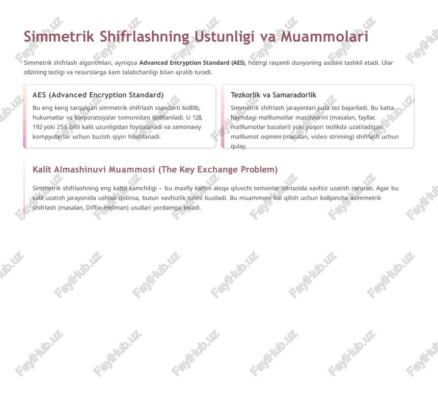 umotlar (storage- at-rest) aes kabi kuchli algoritmlar bilan shifrlanadi. bu ma9lumotlarga xizmat ko8rsatuvchi xodimlar yoki ruxsatsiz uchinchi shaxslarning kirishi oldini oladi. veb aloqa xavfsizligi barcha zamonaviy veb-saytlar (https) mijoz va server o8rtasidagi aloqani ssl/tls protokoli orqali shifrlaydi, bu esa tranzaksiya ma9lumotlari, parollar va shaxsiy ma9lumotlarning himoyasini ta9minlaydi. raqamli iqtisodiyot blokcheyn texnologiyasi va kriptovalyutalar shifrlashga, xususan, xeshlash funksiyalari va asimmetrik shifrlashga asoslangan bo8lib, ularning butunligi va buzilmasligini kafolatlaydi. shifrlash texnologiyalari shaxsiy daxlsizlikni saqlash, iqtisodiy barqarorlikni ta9minlash va xalqaro miqyosda qonuniy ma9lumot almashinuvini xavfsiz qilish uchun muhim vositadir. shifrlashning amaliy qo8llanilishi va kundalik hayotdagi ahamiyati shifrlash bizning kundalik raqamli hayotimizning ko8p sohalarida, ko8zga ko8rinmas bo8lishiga qaramay, xavfsizlikni ta9minlaydi. moliyaviy operatsiyalar bank kartalaridan onlayn to8lov qilish (pci dss standartlari). atmdagi pin-kod kiritish shifrlash orqali himoyalanadi. banklararo ma9lumot almashinuvi. aloqa va muloqot end-to-end encryption (e2ee): whatsapp, telegram kabi messenjerlarda suhbatlar faqat ishtirokchilar tomonidan o8qilishi mumkin. xavfsiz elektron pochta protokollari (pgp/gpg). hukumat va maxfiy ma9lumotlar …