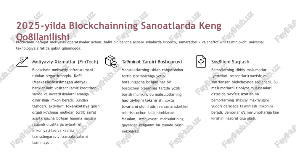 ishtirokchilar uchun adolatli muhit yaratadi. kuchli kiberxavfsizlik ma'lumotlar kriptografik jihatdan shifrlangan va tarqatilgan holda saqlanadi. biror hujumchi ma'lumotlarni o'zgartirish uchun tarmoqdagi ko'pchilik (51% hujumi) tugunlarni nazorat qilishi kerak, bu esa juda qiyin. markazlashtirilmagan nazorat markaziy nuqtalar yo'qligi sababli, tizim yanada mustahkam va senzuraga chidamli bo'ladi. hech bir tomon ma'lumotlar ustidan yagona nazoratga ega emas. kelajakdagi asosiy tendensiyalar va innovatsiyalar blockchain texnologiyasi doimiy ravishda rivojlanmoqda. 2025-yil va undan keyingi davrda eng muhim innovatsiyalar quyidagilardir: interoperabilitet kelajakda asosiy e'tibor turli blockchain platformalari (masalan, ethereum va solana) o'rtasida ma'lumot va aktivlarni uzatishni ta'minlaydigan ko'priklar (bridges) va protokollarni rivojlantirishga qaratiladi. bu turli zanjirlar o'rtasida uzluksiz aloqa o'rnatadi. cbdc va barqaror kriptovalyutalar markaziy bank raqamli valyutalari (cbdc) an'anaviy pul birliklarining raqamli shakli bo'lib, blockchainda ishlaydi. stablecoins esa aqsh dollari kabi aktivlarga bog'langan va moliyaviy tizimda barqaror tranzaksiya vositasi sifatida keng qabul qilinadi. smart-kontraktlar avtomatizatsiyasi o'z-o'zidan bajariluvchi shartnomalar bo'lgan smart-kontraktlarning yanada murakkab va integratsiyalashgan shakllari paydo …