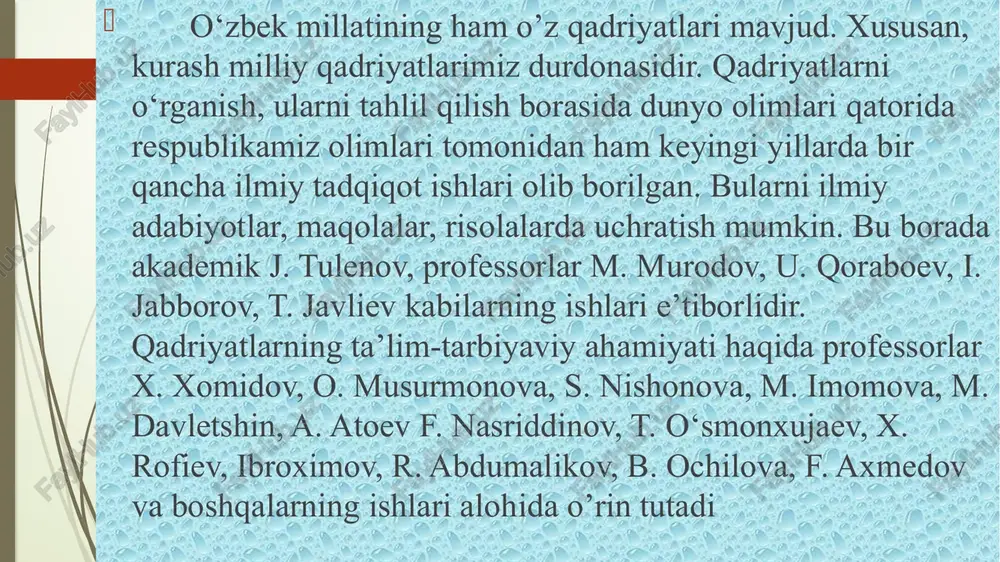 kovatini charxlaydi. yana shunday qadriyatlar borki, ular inson qalbini jamiyat talablariga muvofiqlashtiradi. alohida qadriyatlar borki, ular inson tanasini, jinsini chiniqtiradi, baquvvatlashtiradi. kurash shu qadriyatlarning barchisini o‘zida mujassamlashtirgan va aynan shu ma’noda muhim milliy qadriyat sifitida e’tiborga olingan. milliy qadriyatlar ayrim xalq, millatlar va elatlarning tarixiy taraqqiyoti jarayonida yaratilgan barcha moddiy va ma’naviy boyliklarning yig’indisidan iborat. milliy qadriyatlar tor ma’noda muayyan bir millatning, elatning qiziqishlari va manfaatlarini ifodalovchi munosabatlar mazmunini tashkil etsa, keng ma’noda muayyan bir davlatda yashovchi barcha millatlar va elatlarning manfaatlari hamda qizikishlarini ifodalovchi munosabatlar yig’indisini aks ettiradi. milliy qadriyatlarning shakllanishi va rivojlanishi muayyan bir millatning hayoti, turmush tarzi, tarixi, madaniyati, urf-odatlari, tili, o’tmishi, kelajagi bilan uzviy bog’lik bo’ladi. biron millat ruhi, milliy ma’naviy ehtiyoji va talablariga mos kelgandagina shu millat hayotida chuqur tomir otishi imkoniga ega bo’ladi. mustaqillik tufayli o’zbekning o’zligi yana o’ziga qaytdi. unutilgan qadriyatlar, urf-odatlar qayta tiklandi. milliy sport turi bo’lmish kurashni rivojlantirish va jahon maydoniga …