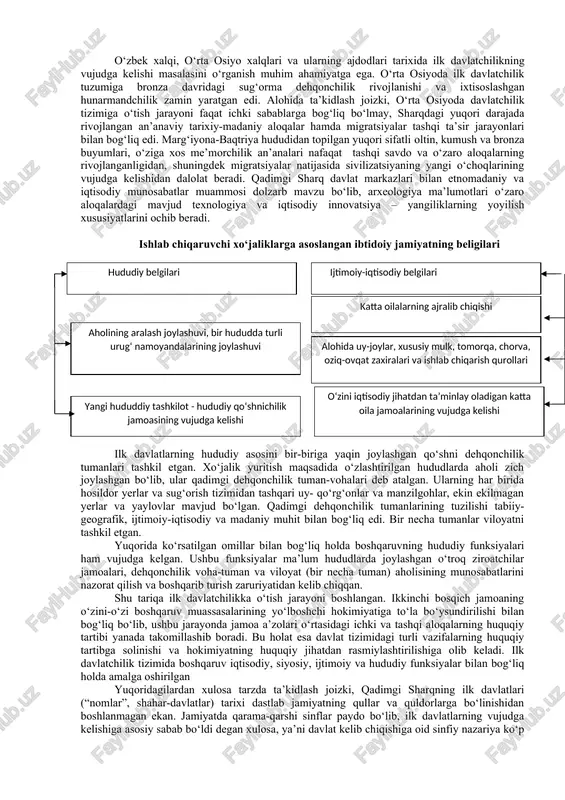a davlat ramzi bo‘lgan sulolaviy belgilarning mavjudligi; - yozuvning paydo bo‘lishi va keng tarqalishi; - mustaqil tanga zarb etishning paydo bo‘lishi, tovar-pul munosabatlarining taraqqiy etishi; - davlatchilikning barcha funksiyalariga ega bo‘lgan alohida mulklarning shakllanishi; - bu mulklar o‘rtasida diplomatik munosabatlarning kengayishi; - davlatlar va xalqlarning ma’naviy boyishi, xalqaro aloqalari, maxsulot ayirboshlashiga keng yo‘l ochib bergan buyuk ipak yo‘lining shakllanishi. so‘nggi ilmiy tadqiqotlar natijasida, yuqorida ko‘rib chiqilgan ilk davlatlar rivojlanishining davrlashtirilishiga ayrim qo‘shimchalar kiritish mumkin. o‘rta osiyo janubida davlatchilik tizimiga o‘tish davri mil. avv.iii ming yillikning oxiri - mil. avv. ii mingyillikning boshlari, ya’ni bronza davri bilan belgilanadi. baqtriya va sug‘d misolida hududiy jihatdan o‘rtamiyona davlat mil. avv.vii asrda vujudga keladi. yuzlab ming yilliklarni o‘z ichiga olgan insoniyat tarixida dastlabki davlatlar va shaharlarning tashkil topishi, hunarmandchilik va savdoning rivojlanishi, yozuvning kelib chiqishi - nisbatan keyinroq yuzaga kelgan hodisalardir. davlatchilik jahon tarixida milloddan avvalgi iv ming yillikning oxirlarida sharqda vujudga kelgan bo‘lib, …