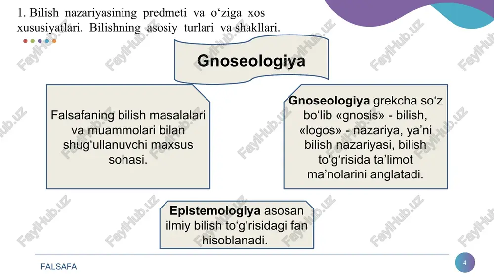 ham, u ong tushunchasiga nisbatan keng qamrovlilik kasb etishini untmaslik lozim. falsafa * ong ijtimoiy-ruhiy xodisa ong miya funktsiyasi ong va ruxiyat ongsizlik - instinkt ong osti refleks ong iroda ong va til til va tafakkur o‘z-o‘zini anglash ong va axborot informatsion portlash ong va miya inʼikos shakllari evolyutsiyasi va ong falsafa * bilishda haqiqat tushunchasi haqiqat obʼektiv voqelikka mos keluvchi narsa va hodisalarning real holatdagi mazmunini sifat va xususiyatlarini to‘g‘ri aks ettiruvchi hamda amaliyotda sinalgan bilimlardir. “haqiqat— bilimlarning voqelikka mosligi” “haqiqat — bilimlarning tajribada isbotlanganligi” “haqiqat — bilimning foydaliligi, uning samaradorligi” 3. bilishda haqiqat va amaliyot uyg‘unligi. haqiqatning asosiy shakllari va konsepsiyalari. falsafa * haqiqat ob’yektiv mutloq nisbiy falsafa * haqiqatning obʼektivligi esa inson tasavvurlarining haqiqiy obʼektiv tashqi mazmuni insondan tashqarida ekanligini, uning insonga bog‘liq emasligini anglatadi. haqiqat amaliyotni yanada rivojlantirish uchun imkoniyat borligini, unga xizmat qilishga odamlarda ishonch hosil qilgandagina tan olinadi. mutloq va nisbiy haqiqatlar dialektik munosabatda …