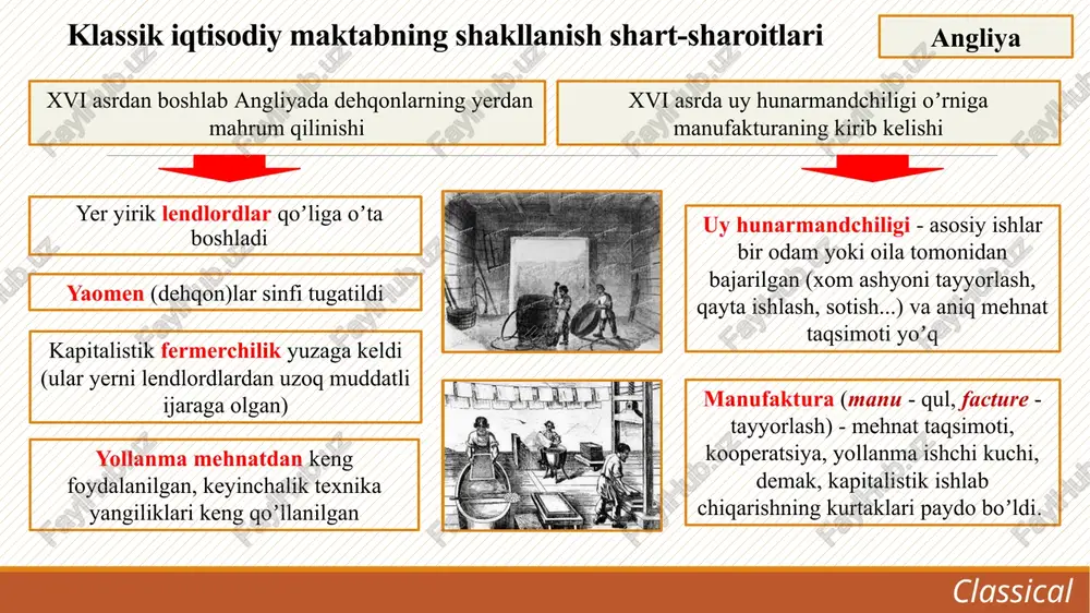 ʼsht, kiyim-kechak va boshqalardan iboratdir. shu sababli jamiyatda pulni koʼpaytirish emas, balki ishlab chiqarishni oʼstirish masalasi iqtisodiy fanning asosiy vazifasi hisoblanishi kerak. buagil’ber islohotlari (1707 y.) classical soliq islohotlarini oʼtkazish ichki savdoni har hil cheklashlardan ozod qilish donning erkin sotilishiga yoʼl berish, donga tabiiy baho taʼsirini cheklamaslik soliq tizimining dehqonlar mehnatidan manfaatdorlik tamoyiliga asoslanishi, soliqlarning barchaga tegishli boʼlishi ichki bozorni kengaytirish, mehnat taqsimotining oʼsishini taʼminlash, tovar-pul muomalasini kuchaytirish. donga sunʼiy ravishda baho belgilanganligi sababli, ishlab chiqarish harajatlari qoplanmas edi. iqtisodiyot erkin raqobat sharoitida rivojlanishi va tovarlar bozorda «haqiqiy qiymat» ega boʼlishi kerak edi. davlat bu sohada dehqonlarga xomiylik qilishi zarur. fiziokratlar lotincha physio – tabiat va kratos - hokimiyat soʼzlaridan tashkil topgan. fermerlar, qishloq xoʼjaligi mamlakat ravnaqining asosi deb hisoblanadi. classical fiziokratlar maktabi fransiyada feodalizmdan kapitalizmga oʼtish davrida vujudga keldi shart-sharoitlari fiziokratlar qishloq xoʼjaligini iqtisodiyotning yagona unumli sohasi, deb hisobladilar. ularning fikricha, «boylik faqat qishloq xoʼjaligida yaratiladi, sanoat va savdoda …