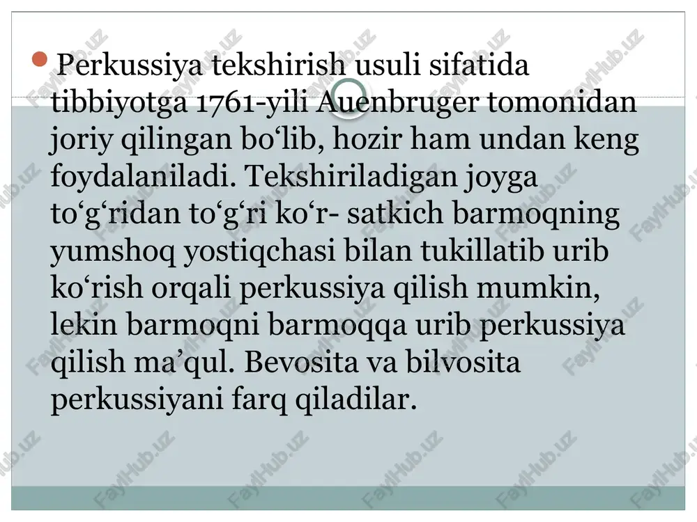 udligi). yodda saqlang! oʻpkalarning pastki chegarasi astenik tana tuzili: shaxslarda normosteniklarga nisbatan bir oz quyida, sathida emas, balki ularga monand qovurg'alararo sohada, gipersteniklarda esa bir oz yuqorida joylashadi. shuningdek, o`pkalarning pastki chegarasi ayollarda homiladorlikning so`nggi oylarida yuqoriga siljishini yodda saqlash lozim. image3.png /docprops/thumbnail.jpeg perkussiya-obektivtekshirish usuli sifatida. opkaning giyesiy vatopograikxperiassjas. ‘norma vapatologiyada