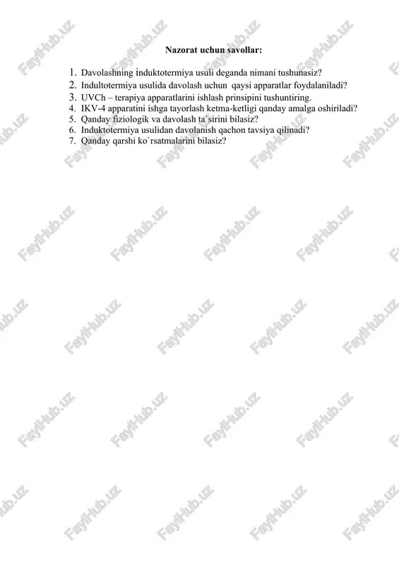 irini bilasiz? 6. induktotermiya usulidan davolanish qachon tavsiya qilinadi? 7. qanday qarshi ko`rsatmalarini bilasiz? image1.jpeg image2.jpeg image3.jpeg /docprops/thumbnail.emf 19-amaliy mashg`ulot mavzu: davolovchi ta`sir asboblarining tuzilishi va ishlash prinsipini o`rganish. ishdan maqsad: davolashning induktotermiya usuli bilan davolovchi uvch apparatlari bilan tanishish va ishlash prinsipini o`rganish. kerakli jihozlar: «uvch - 30», «uvch - 66» apparatlari nazariy qism organizm to’qimalarida issiqlik effekti nafaqat yuqori chastotali elektr toki (diametriya) yoki maydon (uyuch terapiya) yordamida balki yuqori chastotali magnit maydoni bilan ta'sir etganda elektromagnit induktsiya hodisasi hisobidan ham olish mumukin. bunga muvofiq usulga induktotermiya deyiladi. induktotermiya usulida magnit maydoni yuqori chastotali tok o’tadigan g’altak (induktor) yordamida hosil qilinadi. organizm to’qimalarida o’zgaruvchan magnit maydoni bilan ta'sir etganda ularda uyurmali toklarni yuzaga keltiradigan induktsiya elektr yurituvchi kuchi hosil bo’ladi. bu uyurmali toklar natijasida induktotermiya usuliga asosan issiqlik effekti hosil bo’ladi. yuqorida bayon etilganlarga asosan quyidagicha xulosa chiqarish mumkin. induktotermiya - tananing muayyan qismida yuqori chastotali (40, 68 …