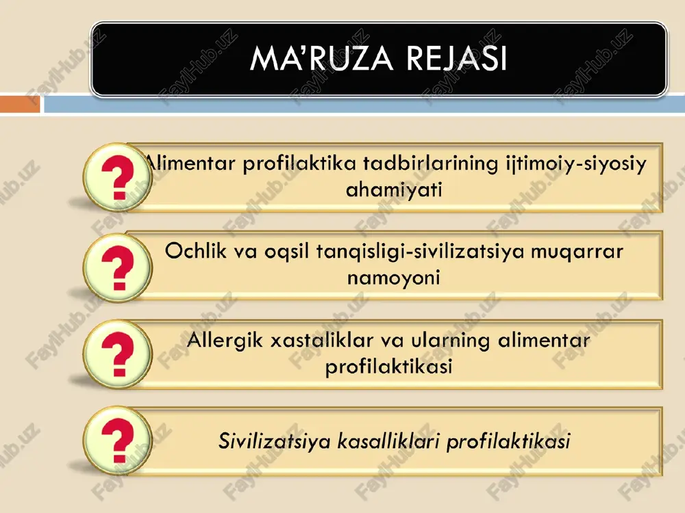 ing mavjudligi bilan bog‘liqdir. ovqat allergiyasining kasallik belgilari oshqozon-ichak buzilishlari (ko‘ngil aynishi, qayt qilish, diareya, og‘riqlar, sanchiqlar), nafas olish tizimi tomonidan ko‘rinishlar (rinit, astma, laringospazm) va teri qatlami (eritema, eshakemi, ekzema), anafilaktik shok bo‘lishi mumkin. ovqat allergiyasi. sivilizatsiya tarakkiyotining alimentar axamiyatga ega bulgan xastaliklardan biri allergik kasalliklar sababli, tashqi muxit ekologiyasi buzilishi natijasida qishloq xo‘jalik maxsulotlari kontaminantlar bilan zararlanishi kuchayadi. oziq-ovqat maxsulotlarini qayta ishlashda, ishlab chiqarishda va saqlash jarayonida qollanaliladigan qoshimchalar ko‘payib boradi. bu xolatlar esa o‘z navbatida maxsulotlar biologik qiymatining kamayib borishiga sabab bo‘ladi. ya'ni, bir tomondan maxsulotlardagi kontaminantlar allergiya bersa, ikkinchi tomondan maxsulotlar sensibilizatsiya xususiyati kuchayib boradi, uchinchidan, maxsulotlarning allergiyaga qarshi xususiyati pasayib boradi. shu sabab, allergik xastaliklarning alimentar-profilaktik chora va tadbirlari ovqatlanish gigienasi mutaxassislari oldida bosh muommalardan biri bo‘lib boradi. bemorda allergenlarga sezgirlik 6-14 kundan boshlab bir necha oydan boshlab yillar davom etishi mumkin. allergen organizmga tushgandan keyin nukleoproteidlar, mikrosomalar, mitoxondriya, sitoplazma oksili bilan reaksiyaga tushadi va …